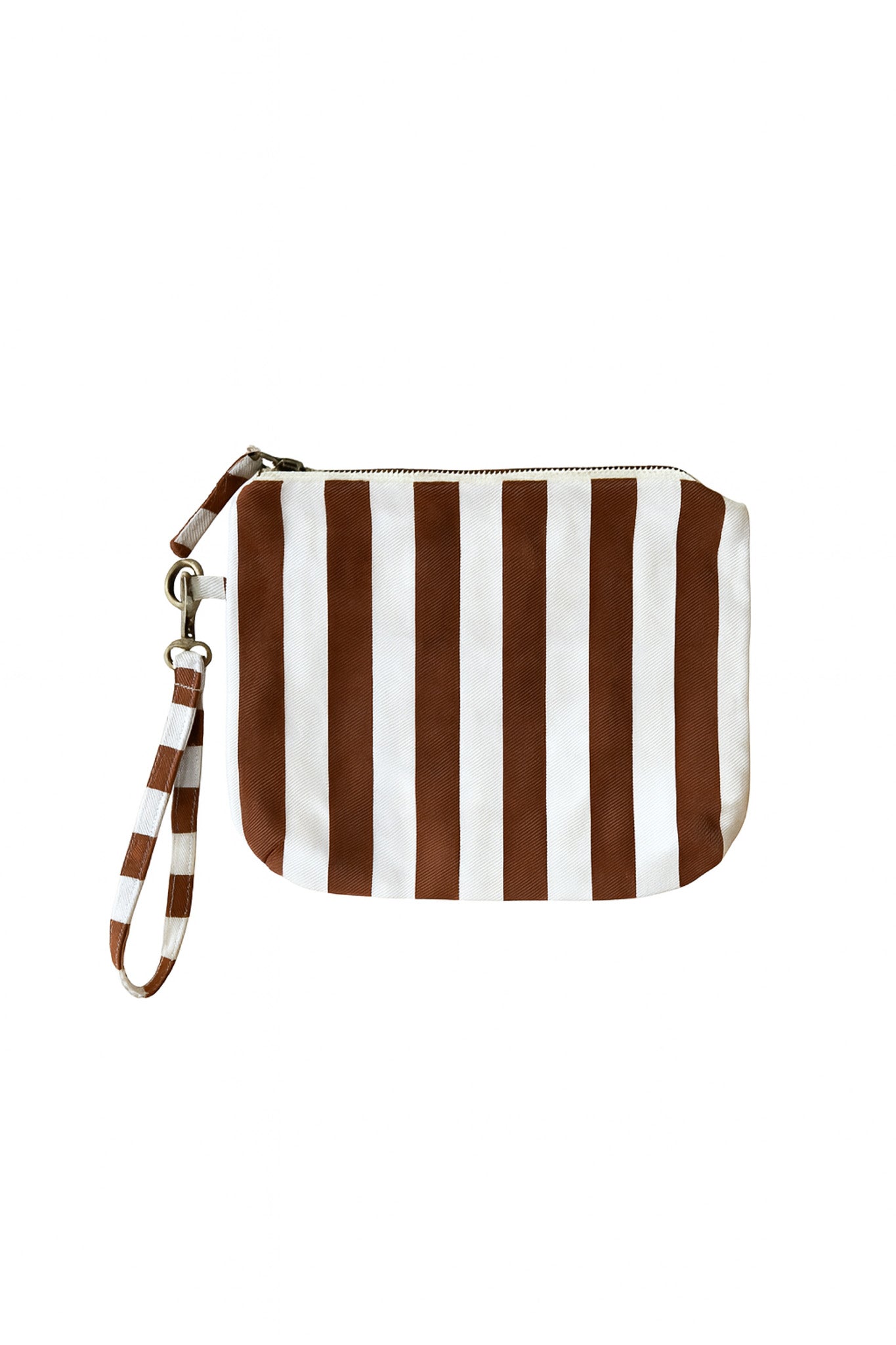 Product shot of a clutch bag in caramel stripe