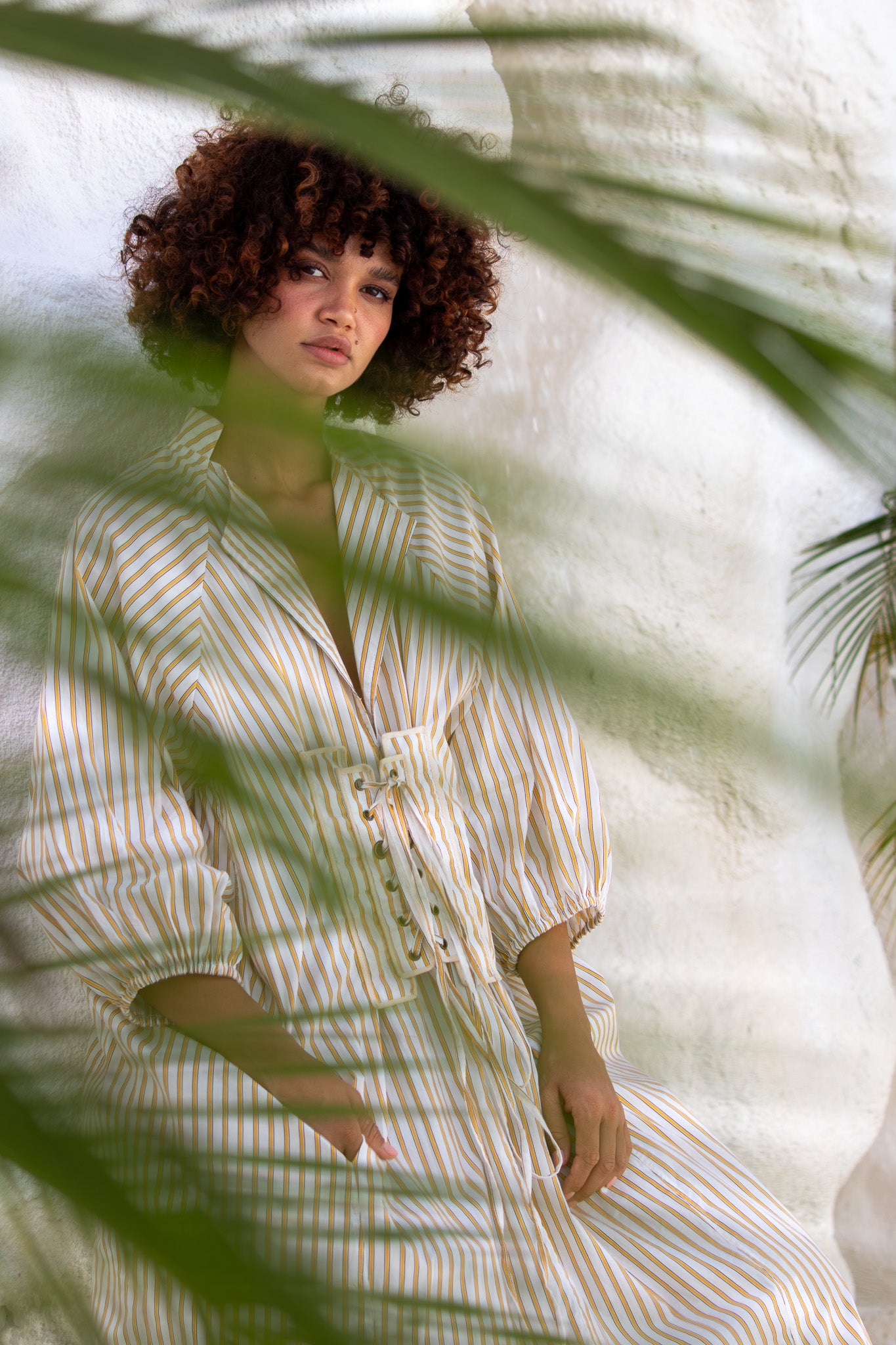 cotton dress, yellow stripe, palm tree, photography, summer fashion