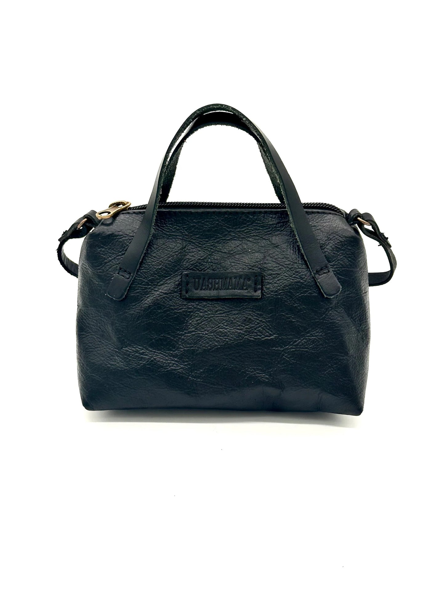 Front view of The Gemmina Bag in black, featuring premium leather handles, a secure zipper closure, and a stylish, compact design that is perfect for carrying daily essentials.