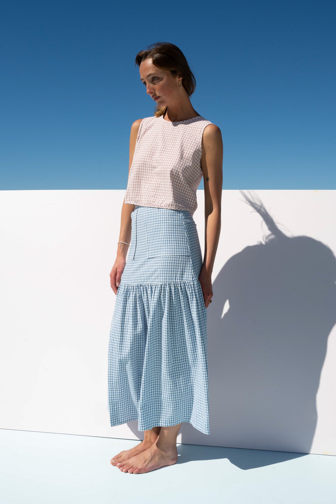 Full-length styling of The Boy & I Box Crop Top in blush gingham with the cancan blue gingham skirt