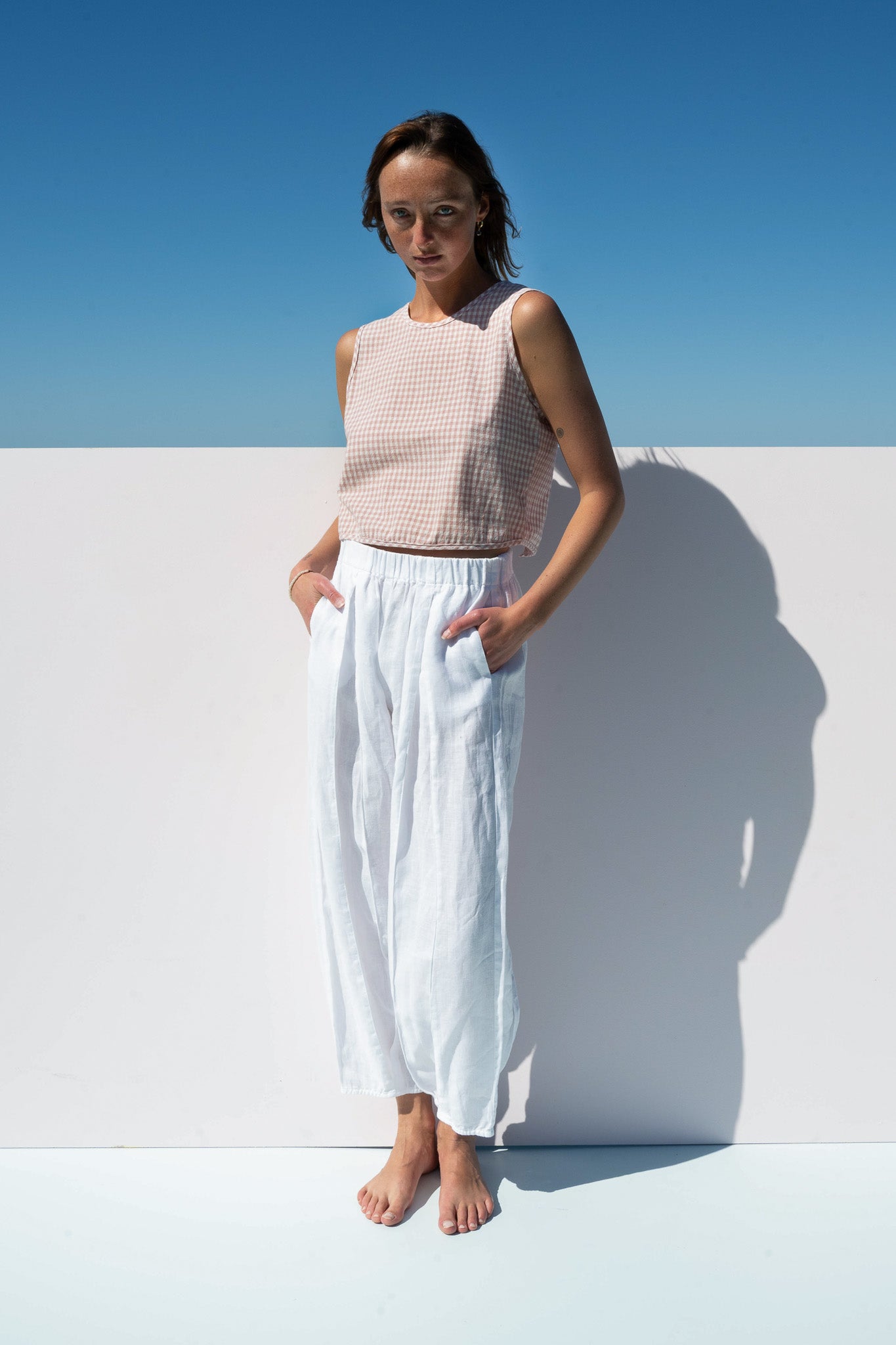 Full-length front view of The Boy & I Box Crop Top in blush gingham with salt pants in linen