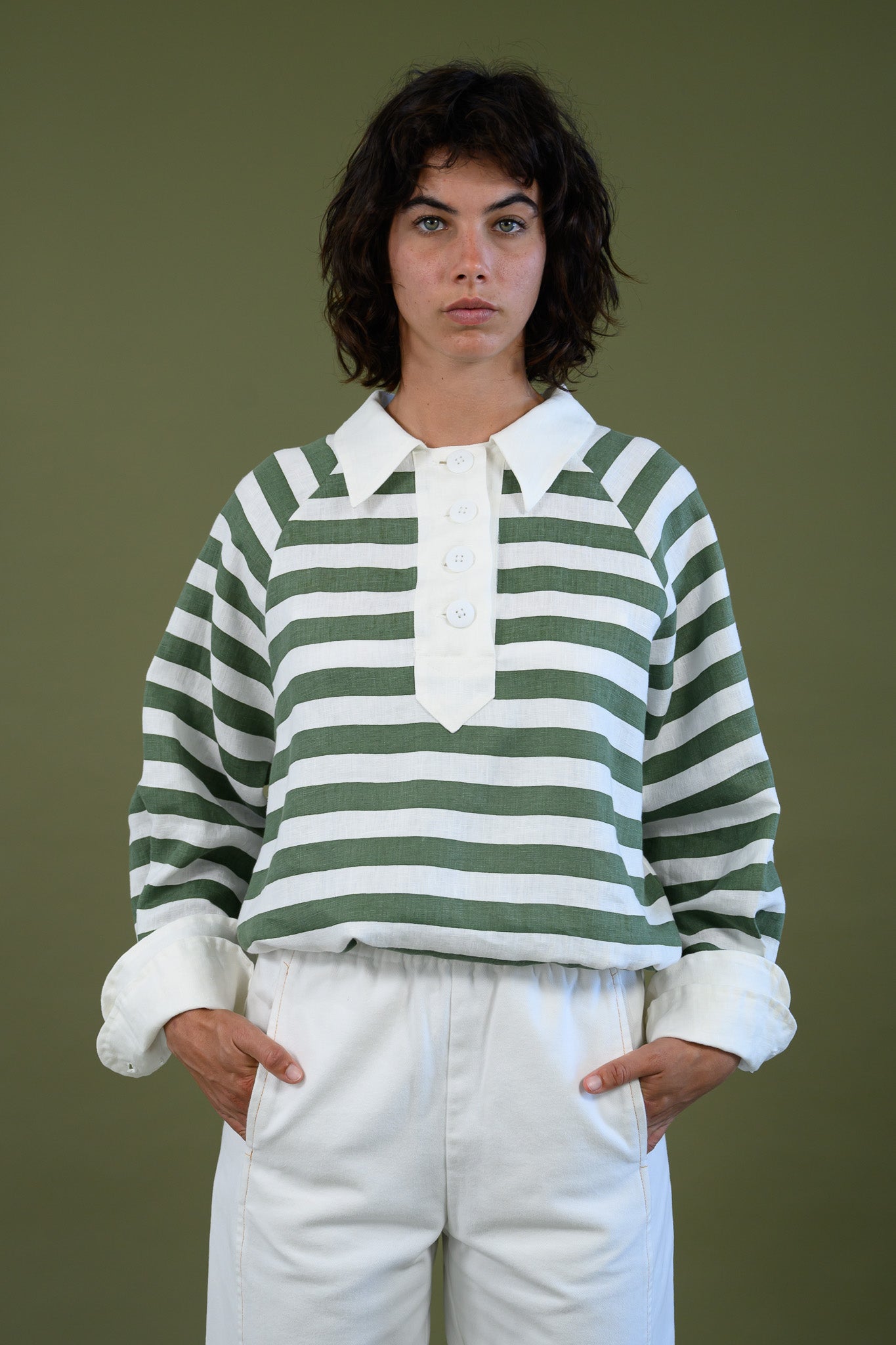 Harrington shirt meadow green stripe linen front detail showing collar, button placket and relaxed fit