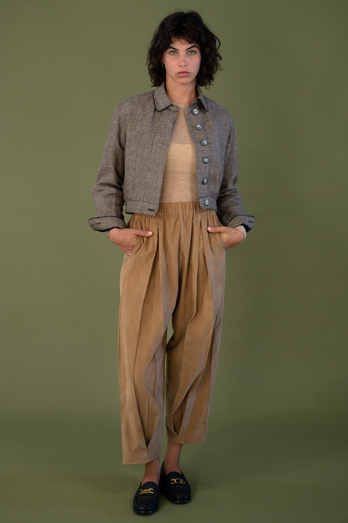 Linen Mon Petit Jacket by The Boy & I styled with tawny corduroy Salt Pant