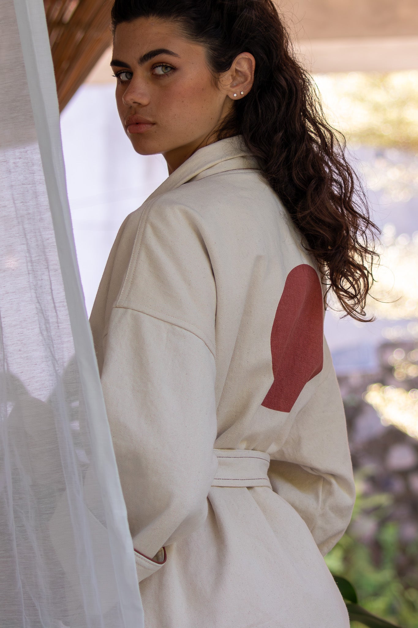 Yoko Kimono Coat - Natural Red Dot