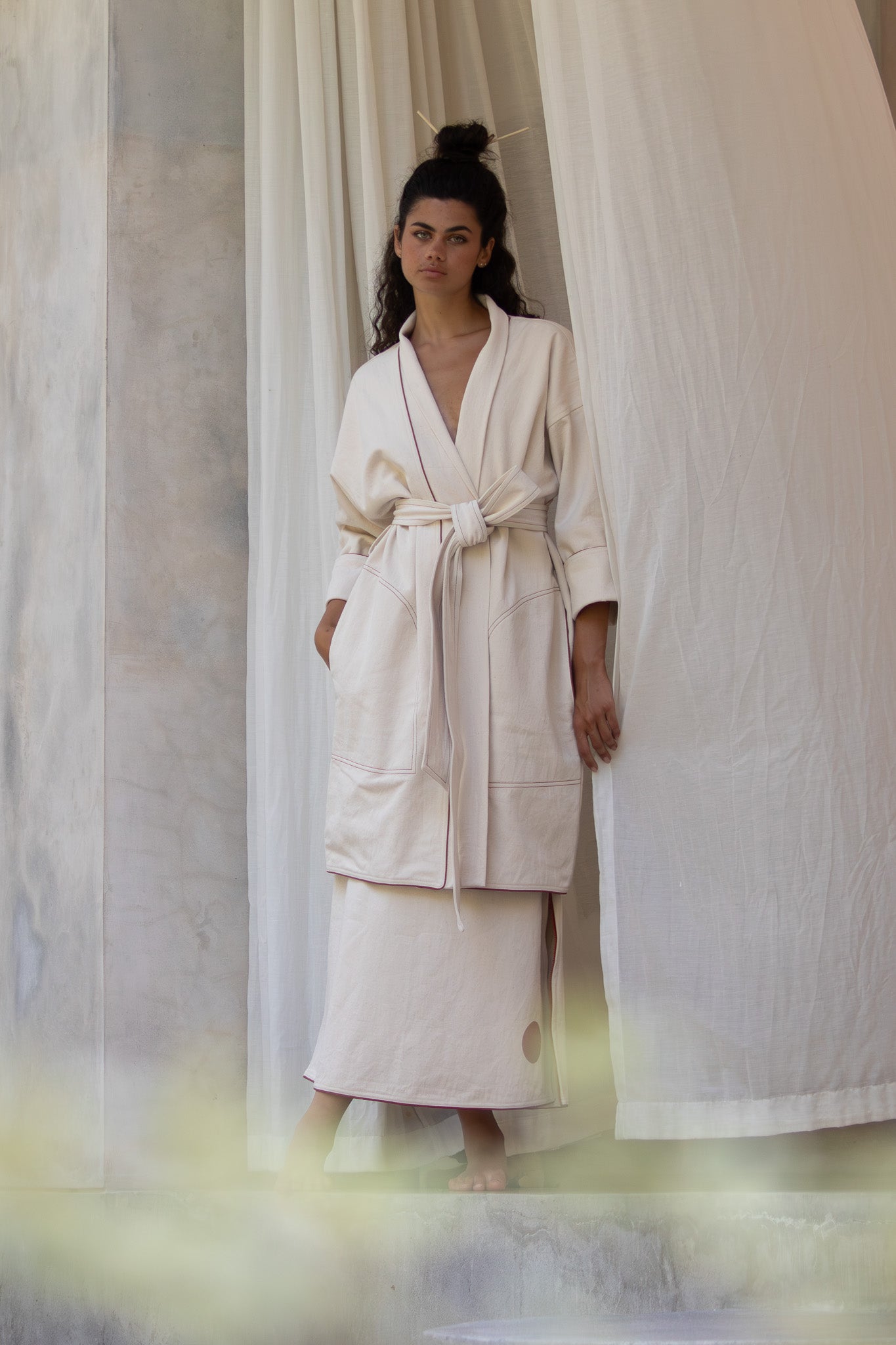 Yoko Kimono Coat - Natural Red Dot