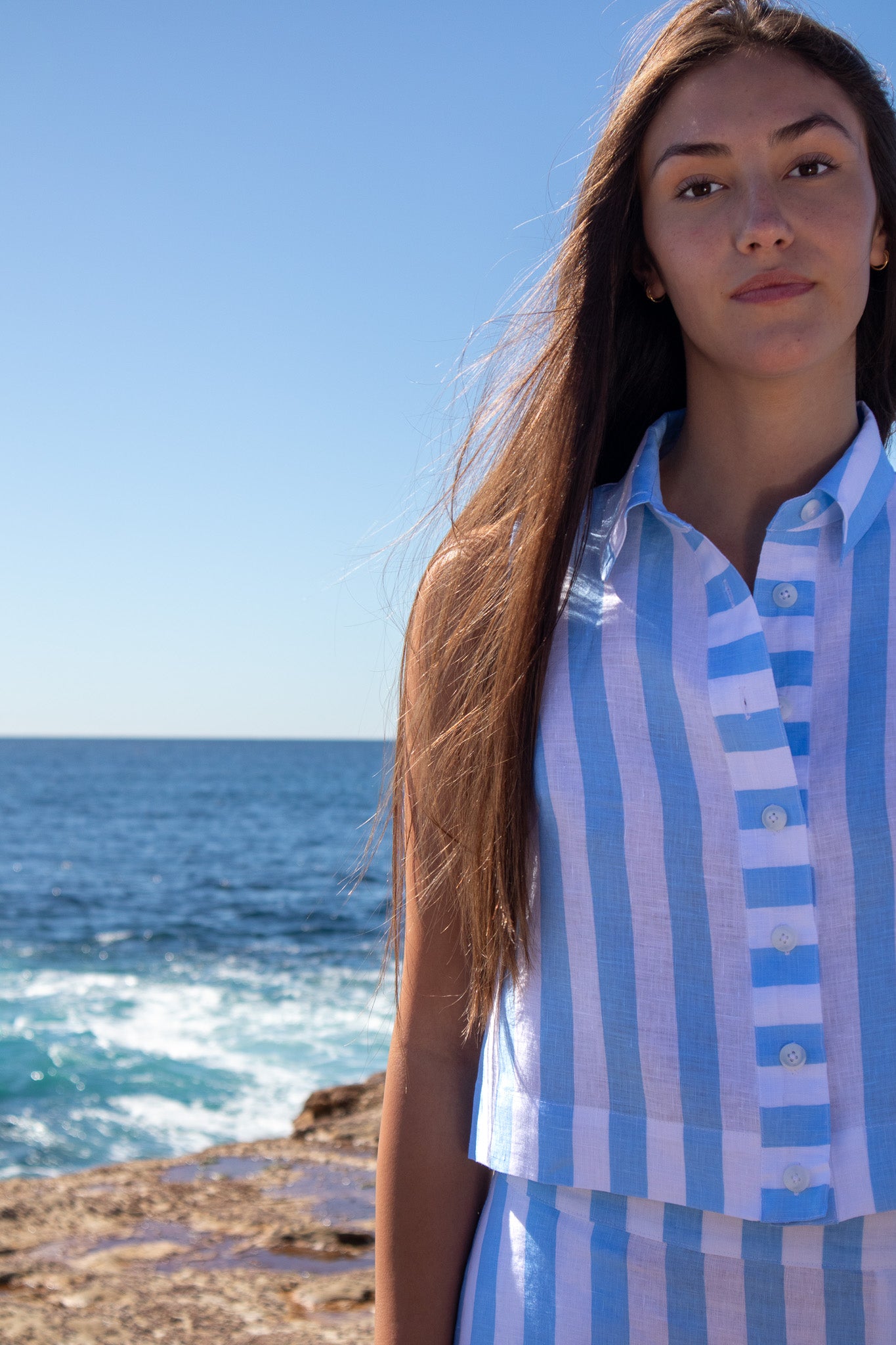 The Pepe Top - French Flax Linen - Sky Blue Stripe