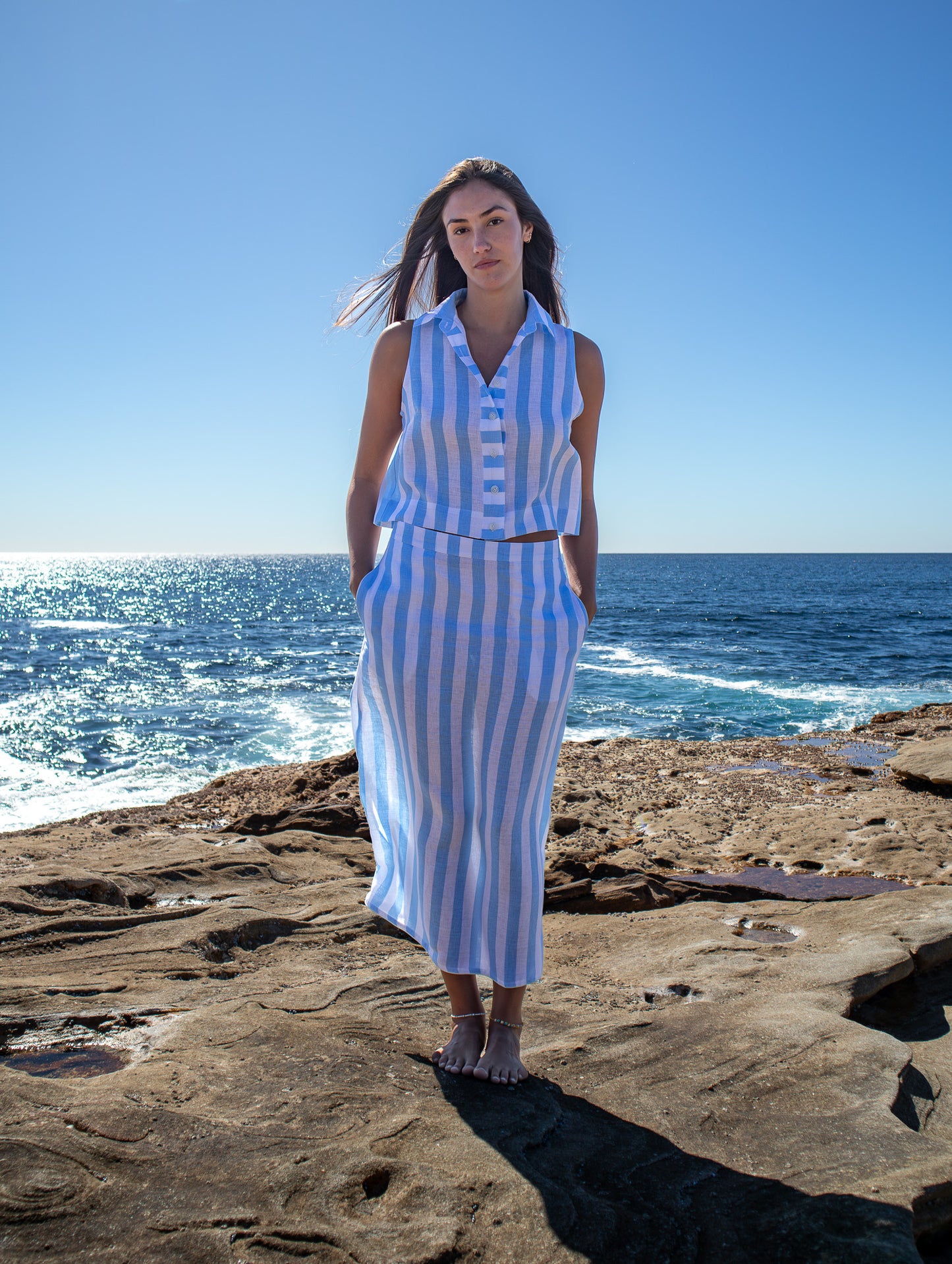 The Pepe Top - French Flax Linen - Sky Blue Stripe