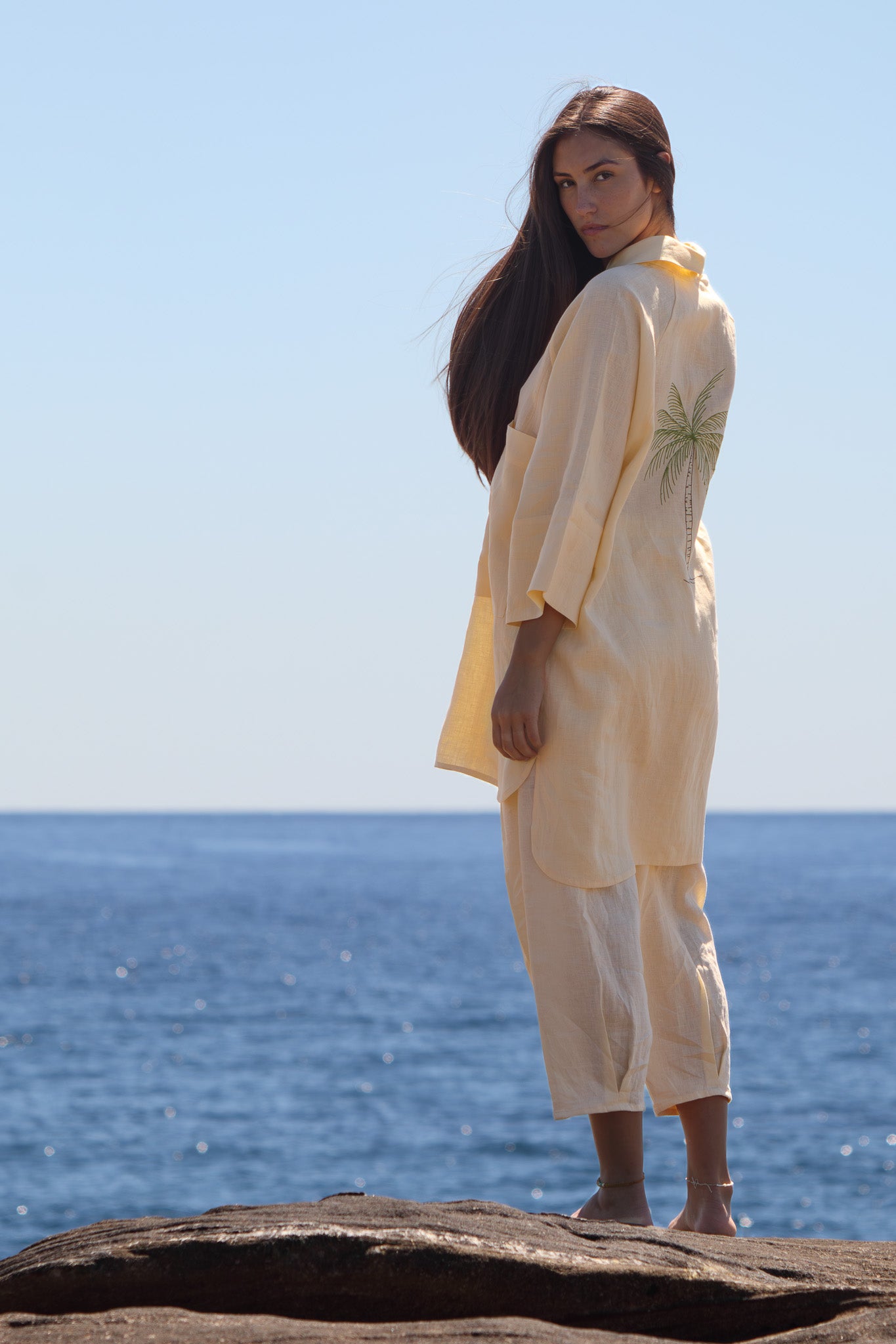 Oceanic Shirt Dress - Embroidered Palm Tree