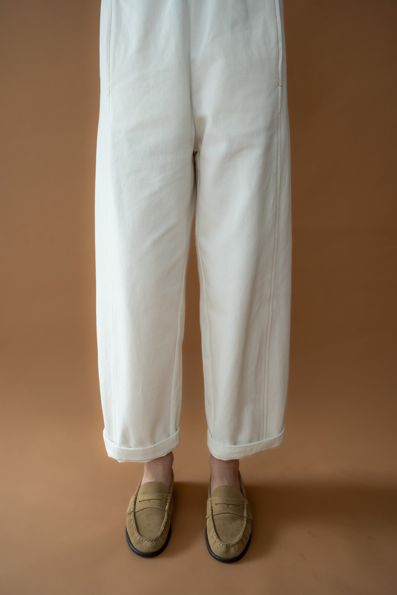 Front leg close-up of Blaze Jogger from The Boy & I showing natural fibre texture and folded hem