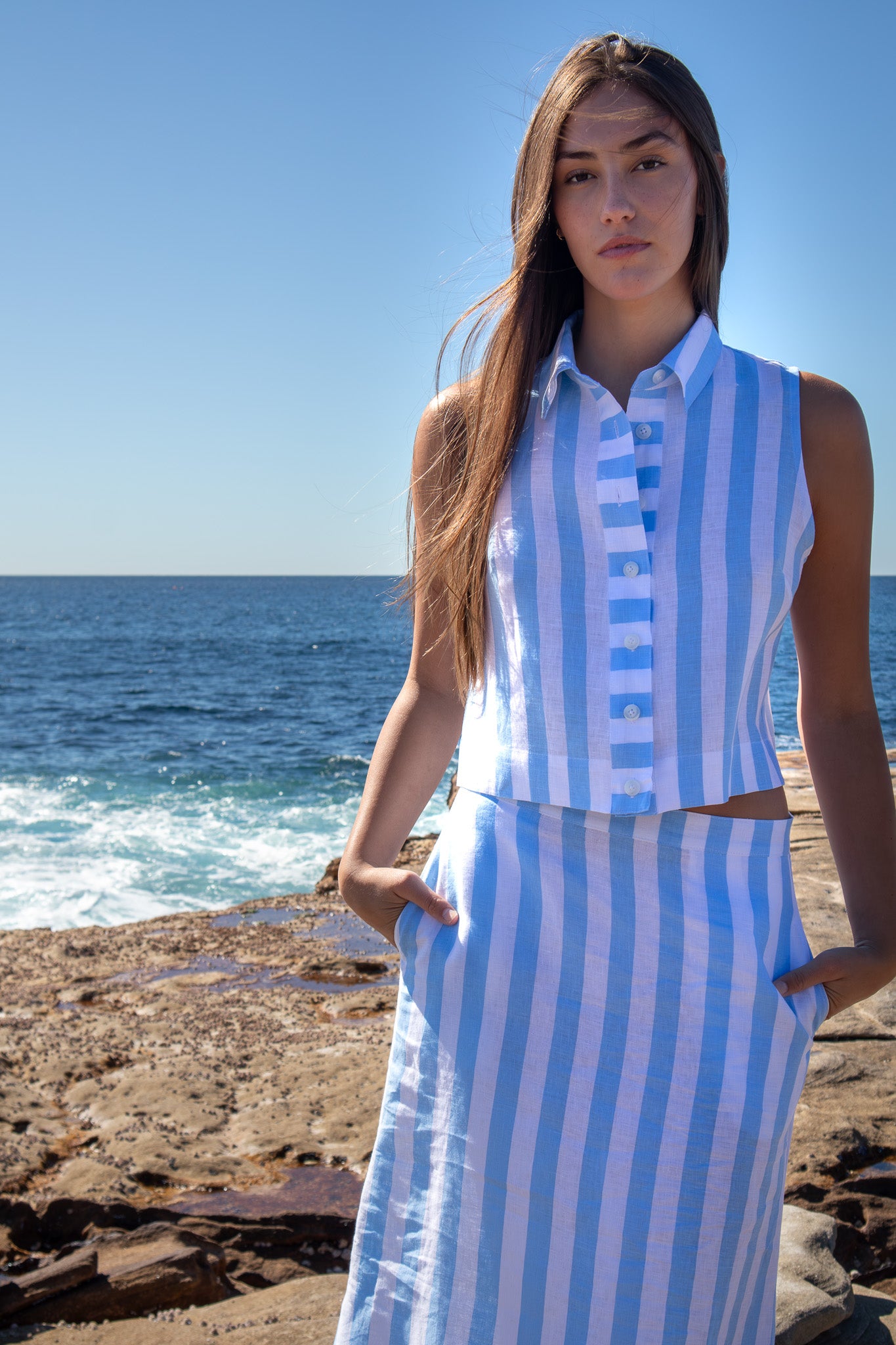 Front view of the Pepe Skirt in stripe linen showing high waist and hidden pockets