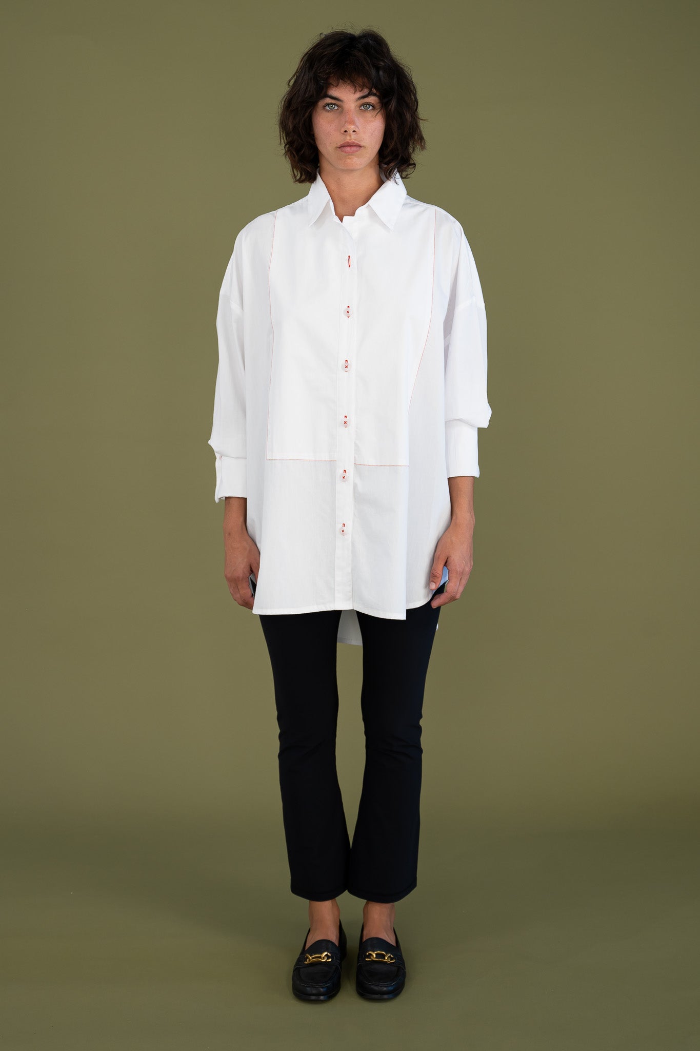 Womens oversized white boyfriend tux shirt in organic cotton poplin front view worn as a shirt dress