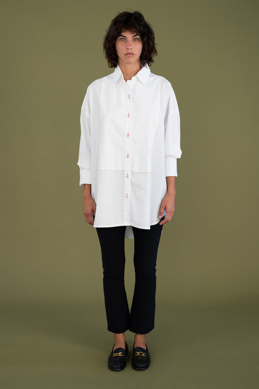 Womens oversized white boyfriend tux shirt in organic cotton poplin front view worn as a shirt dress