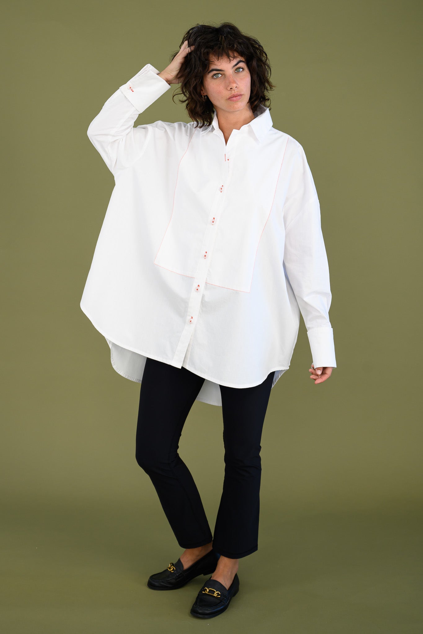 Womens oversized white boyfriend tux shirt in organic cotton poplin styled look showing relaxed fit and effortless drape