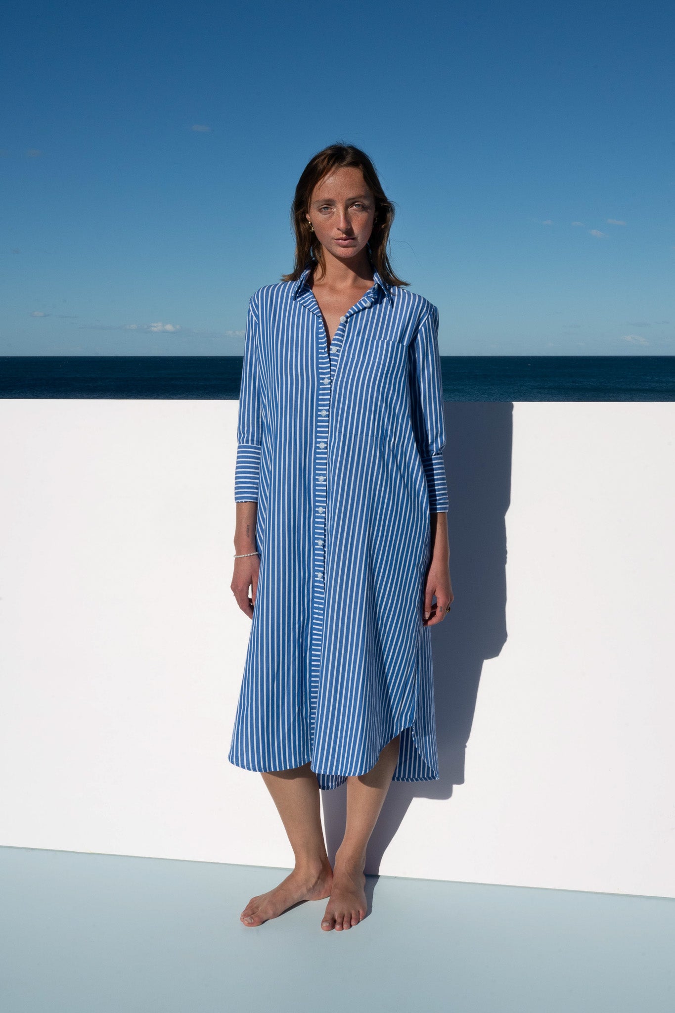 The Boy & I Bronte Dress in blue and white stripe, styled without waist tie