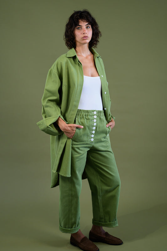 Womens field green canvas denim jacket relaxed fit styled with matching pants and white top full outfit
