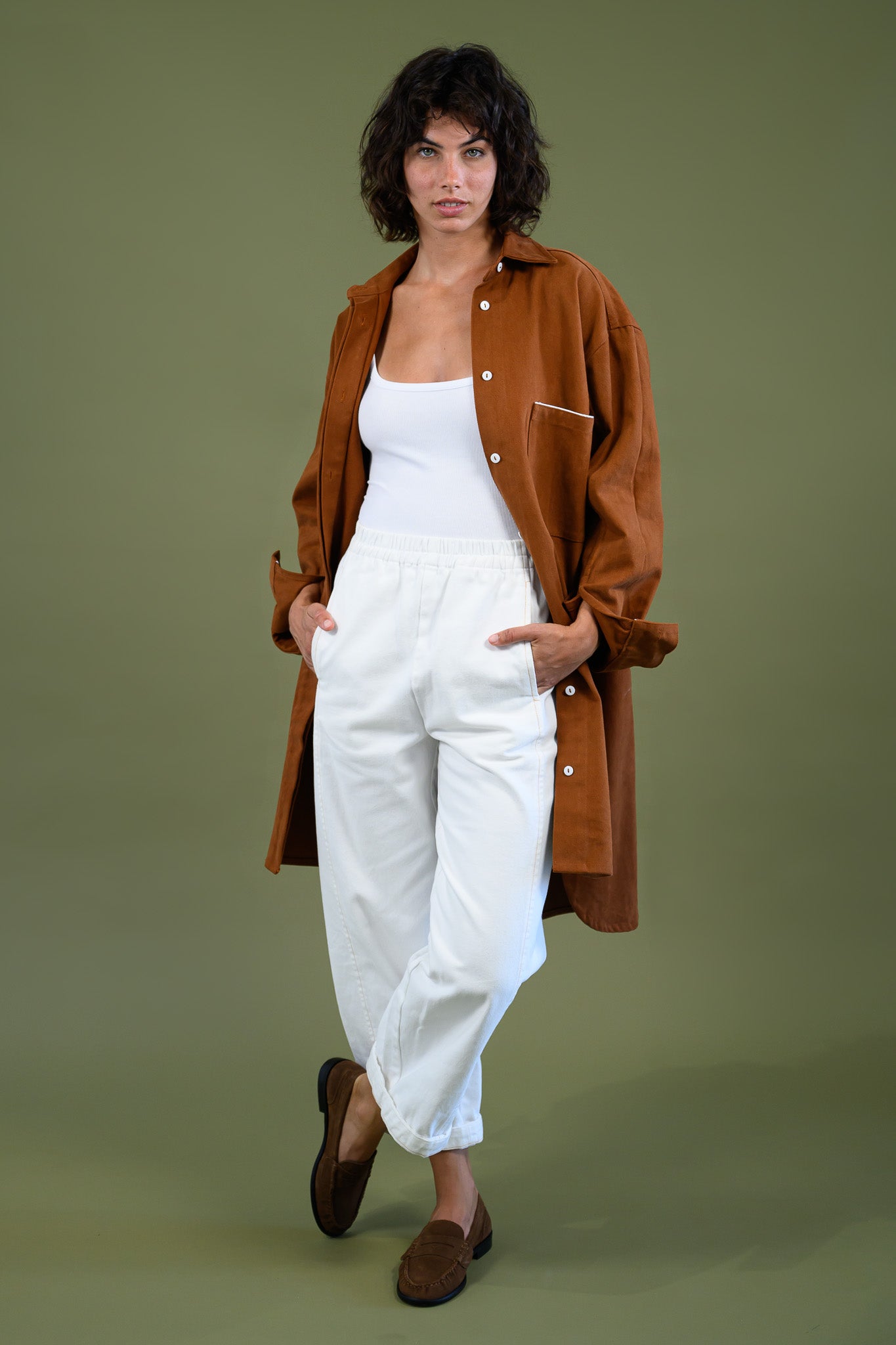 Caramel cotton canvas denim shirt coat worn open shown full length on model