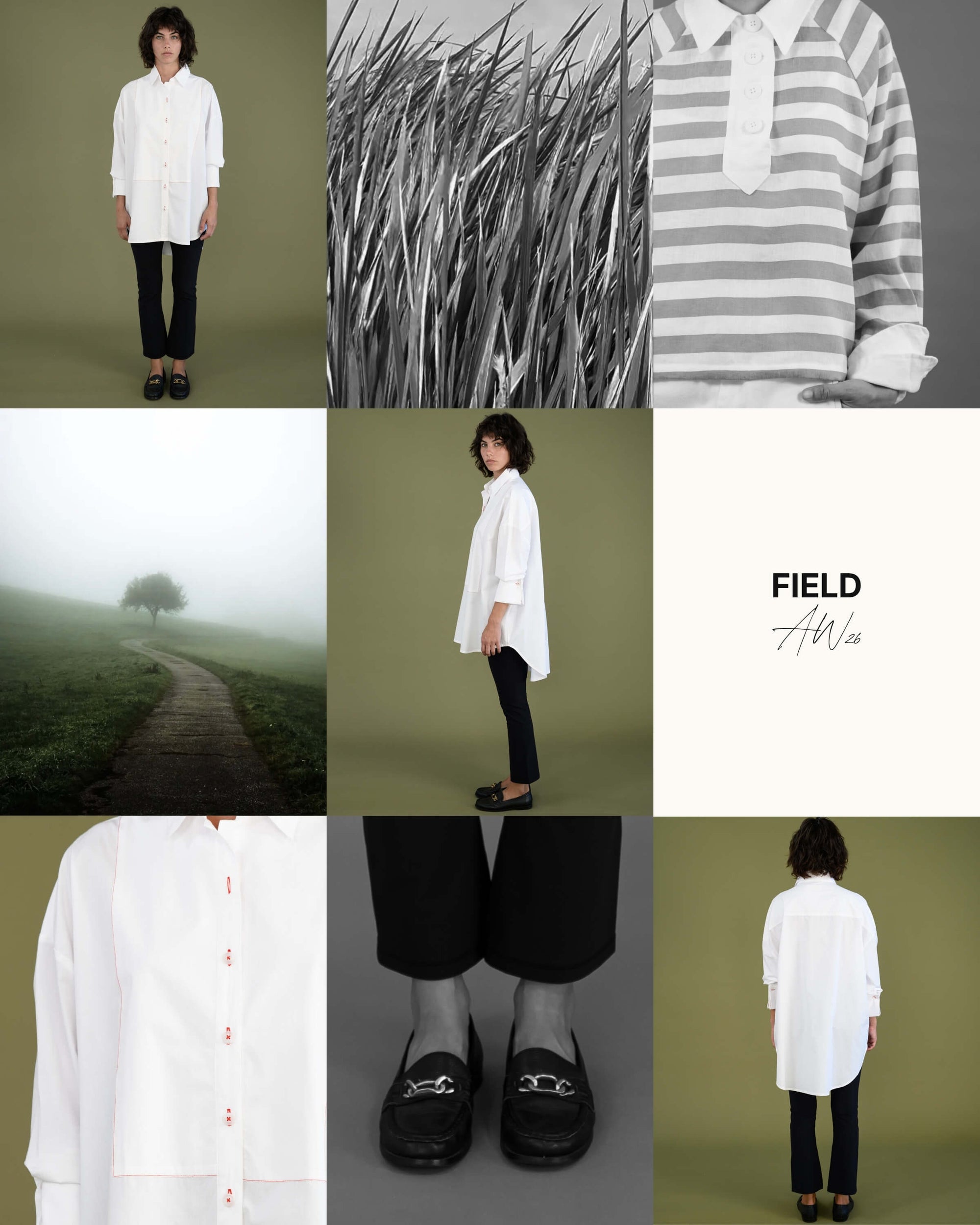 FIELD AW26 campaign collage featuring organic cotton and linen pieces in neutral tones with landscape imagery