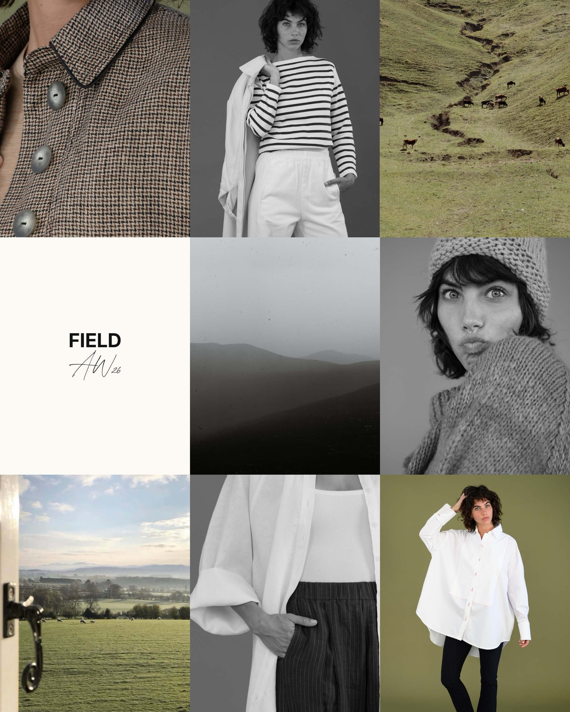 FIELD AW26 homepage campaign collage featuring organic cotton and linen pieces with coastal landscape imagery