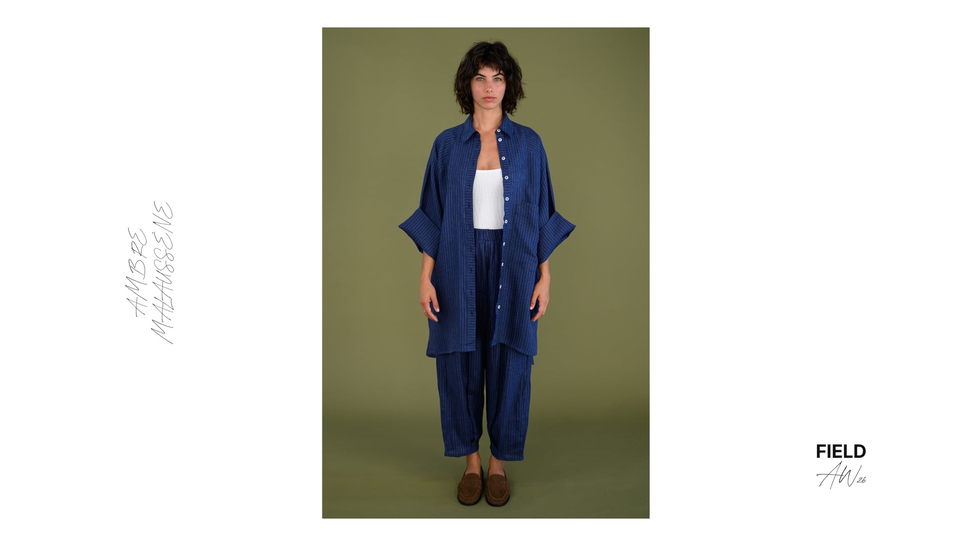 FIELD AW26 navy pinstripe linen set featuring Oceanic Shirt and Salt Pant in editorial campaign image