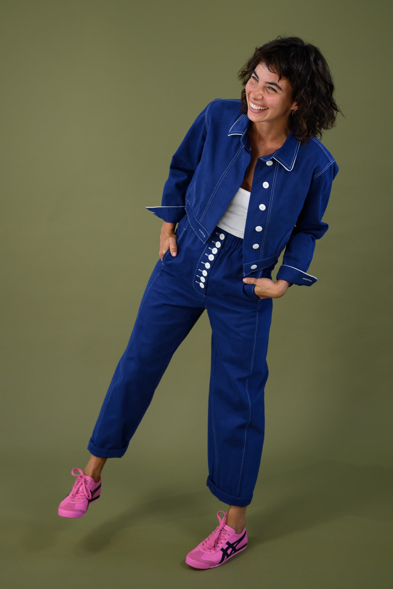 French navy Blaze button pants styled with matching Mon Petit jacket showing full set and relaxed fit
