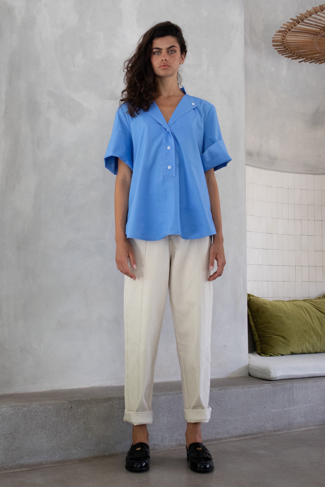 front image of cotton poplin Womens blouse from designer clothing label, The Boy and I 