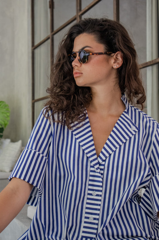 Cotton poplin stripe blouse, Blue and white stripe t-shirt, Australian made 