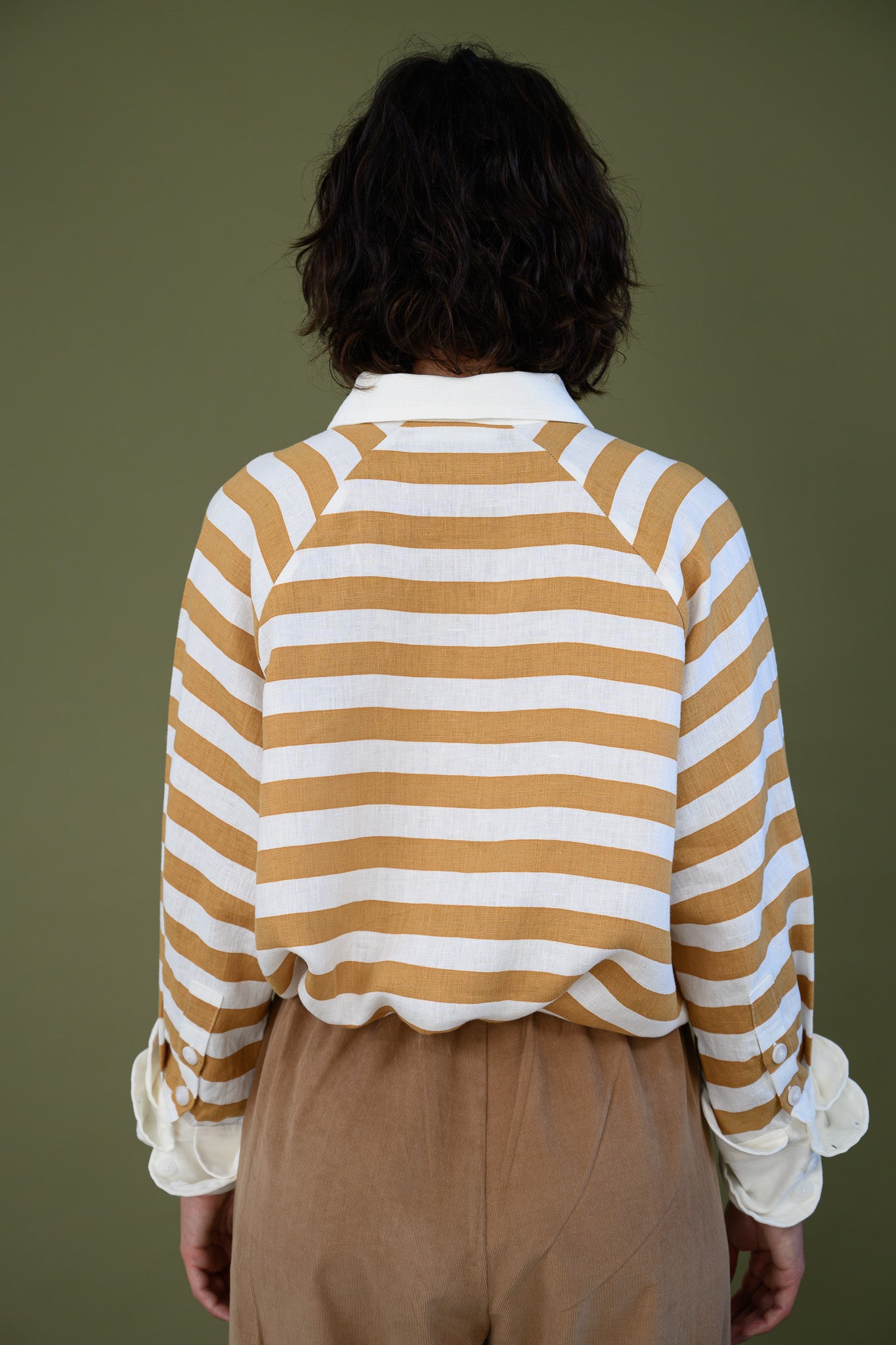 Harrington shirt mango stripe linen back detail showing horizontal stripe pattern, contrast collar and relaxed drape across shoulders