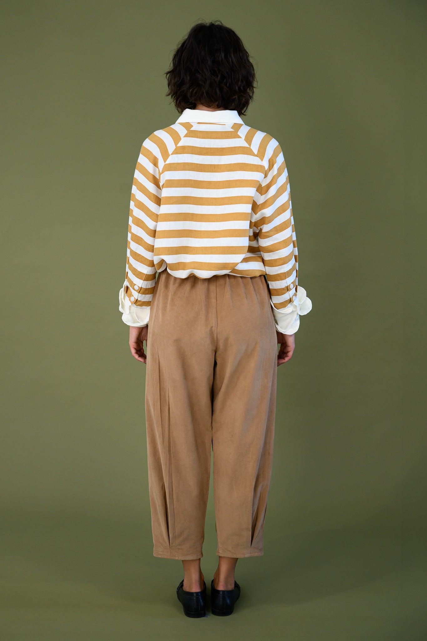 Harrington shirt mango stripe linen back view showing relaxed fit, horizontal stripe pattern and full silhouette from behind