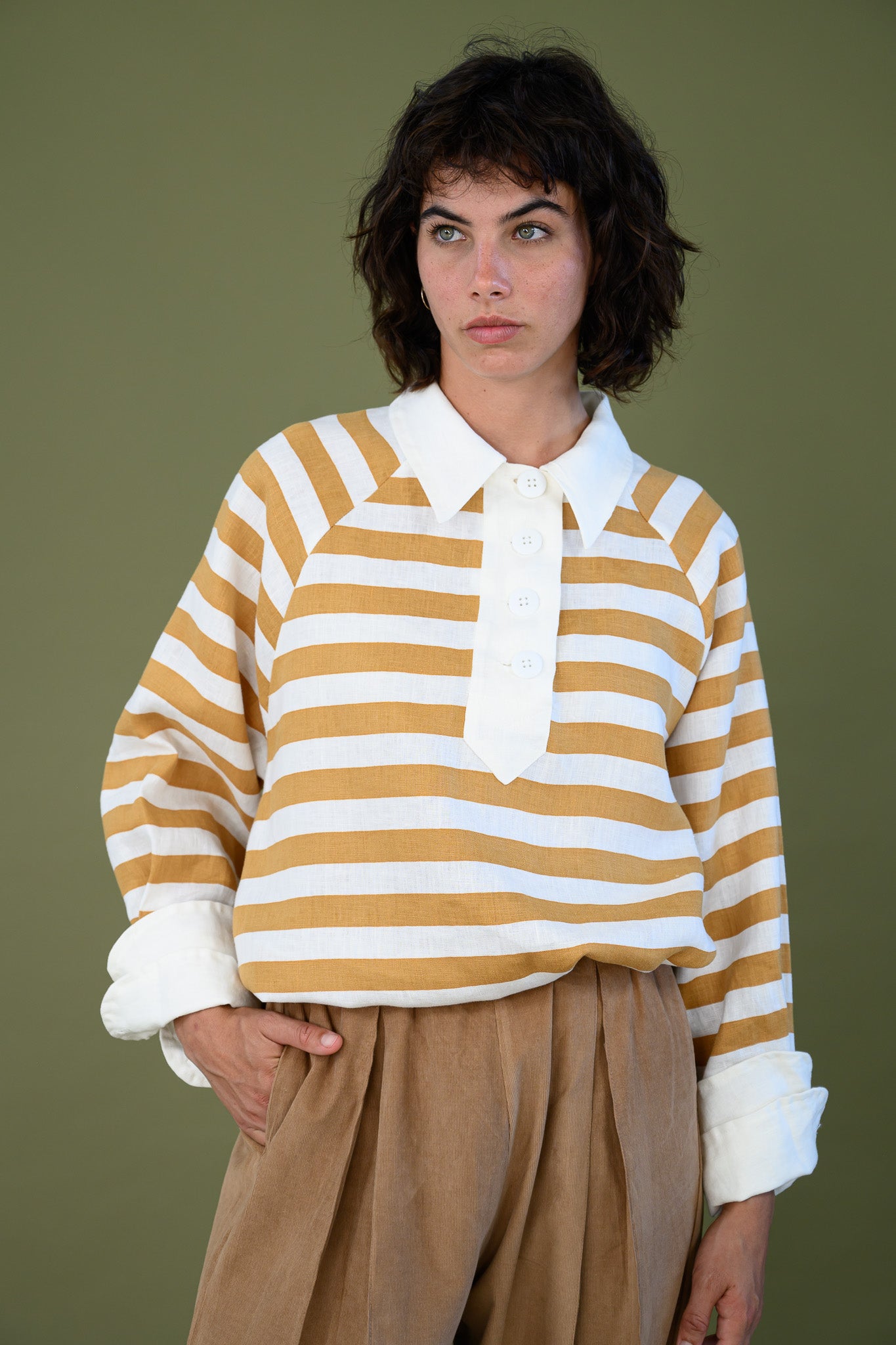 Harrington shirt mango stripe linen front detail showing relaxed fit, contrast collar, oversized button placket and striped pattern
