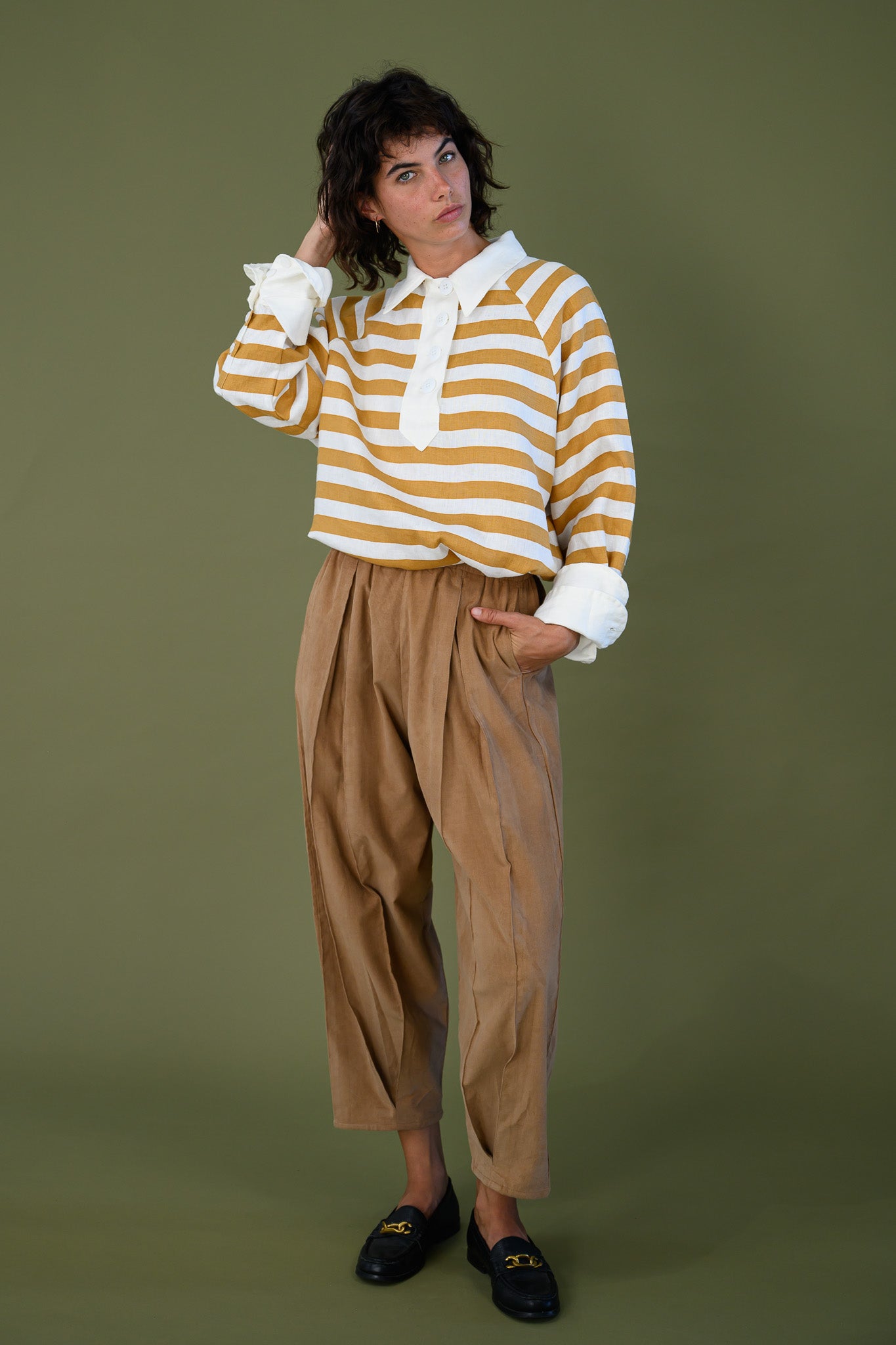 Harrington shirt in mango stripe European flax linen front full length showing relaxed silhouette, contrast collar and statement placket