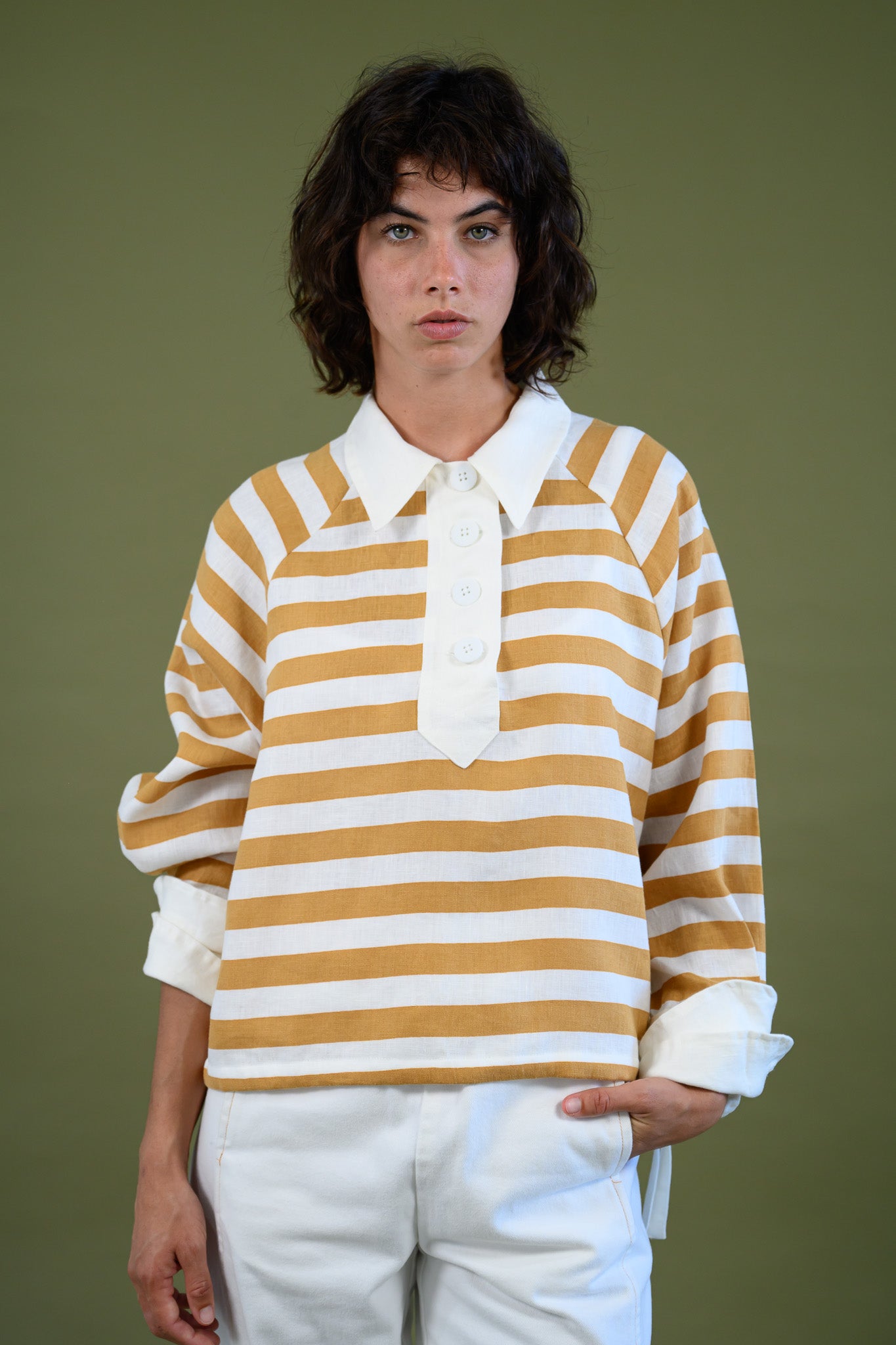 Harrington shirt mango stripe linen front view showing contrast collar, statement placket with oversized buttons and relaxed fit silhouette