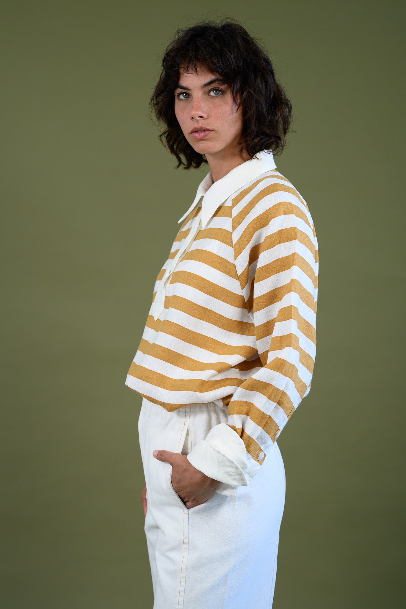 Harrington shirt in mango stripe European flax linen side profile showing relaxed fit, contrast collar and cuff detail