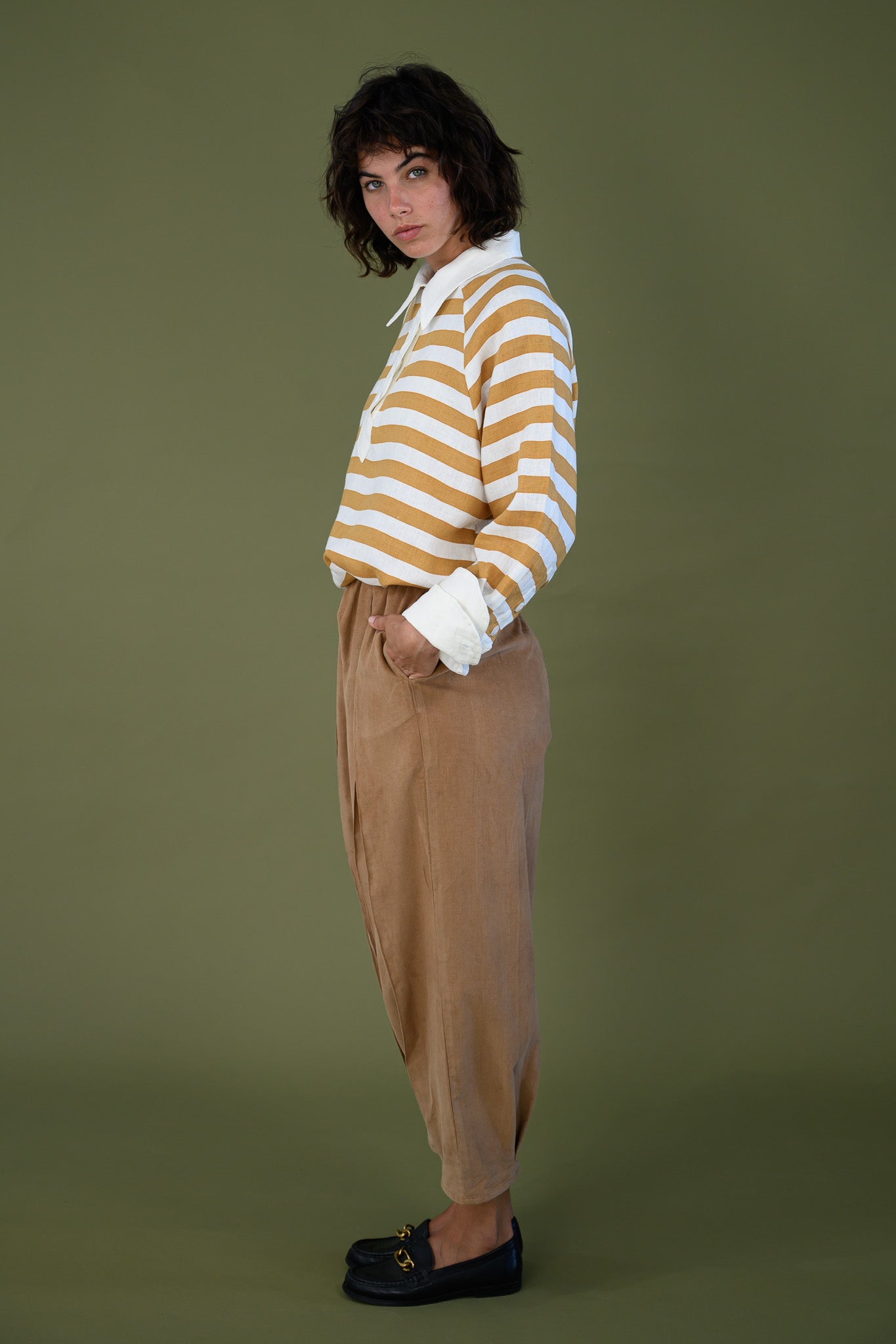 Harrington shirt mango stripe linen side view showing relaxed silhouette, stripe pattern and soft drape of heavyweight linen