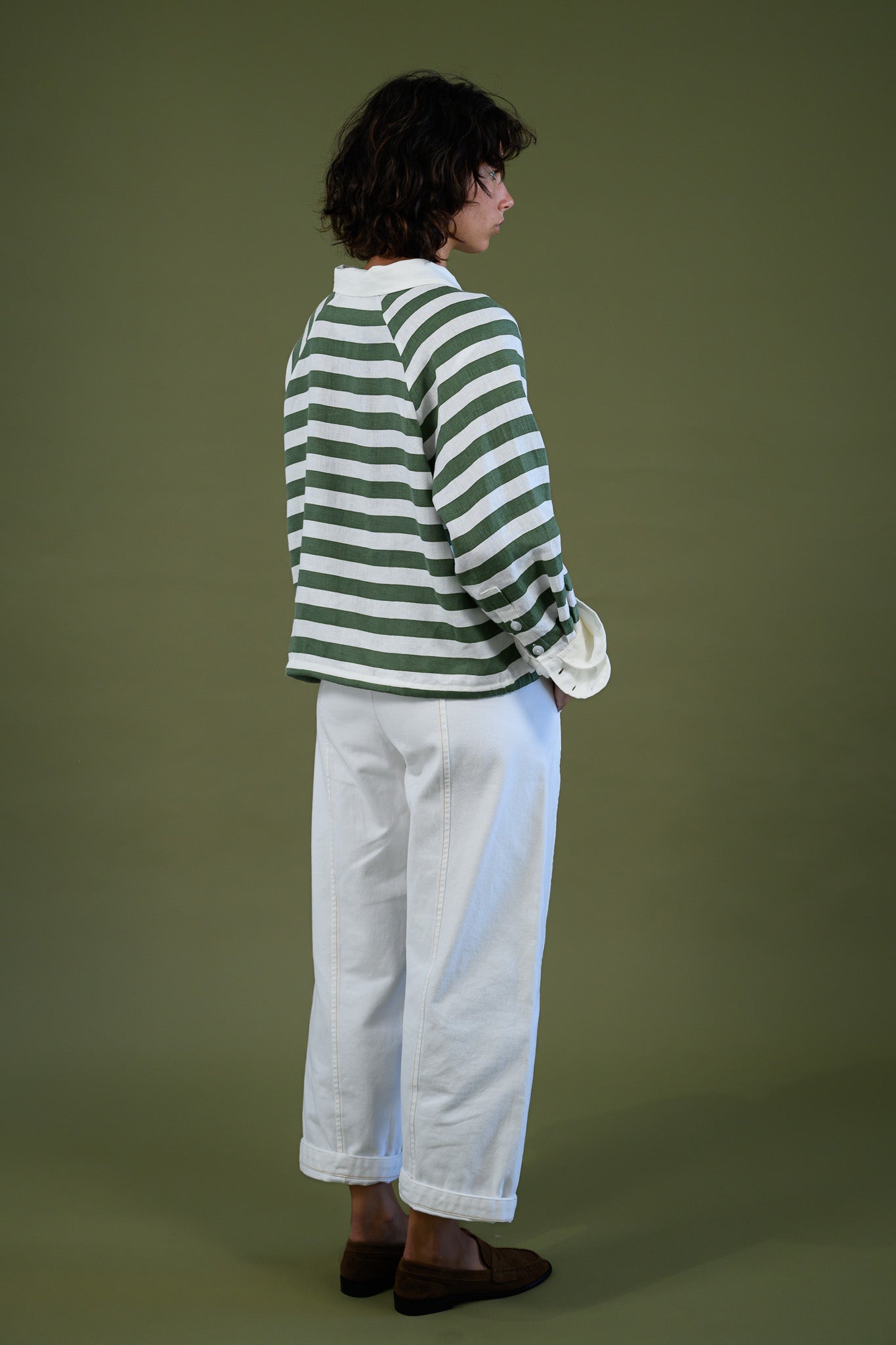 Harrington shirt meadow green stripe linen back view showing relaxed silhouette and length