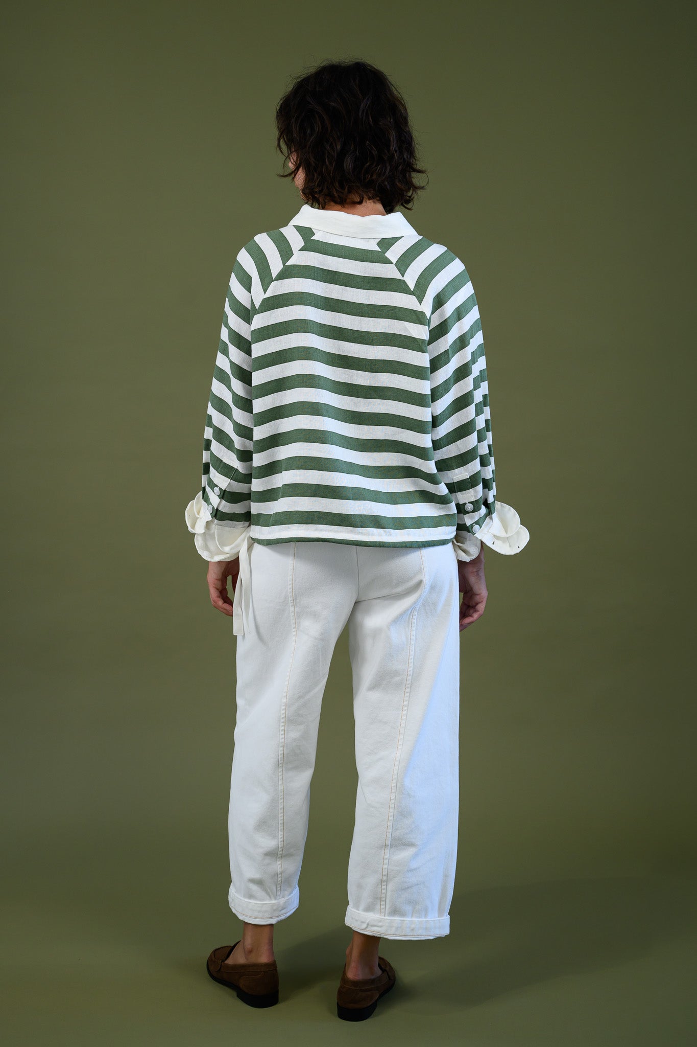 Harrington shirt meadow green stripe linen back view showing relaxed fit, stripe placement and length