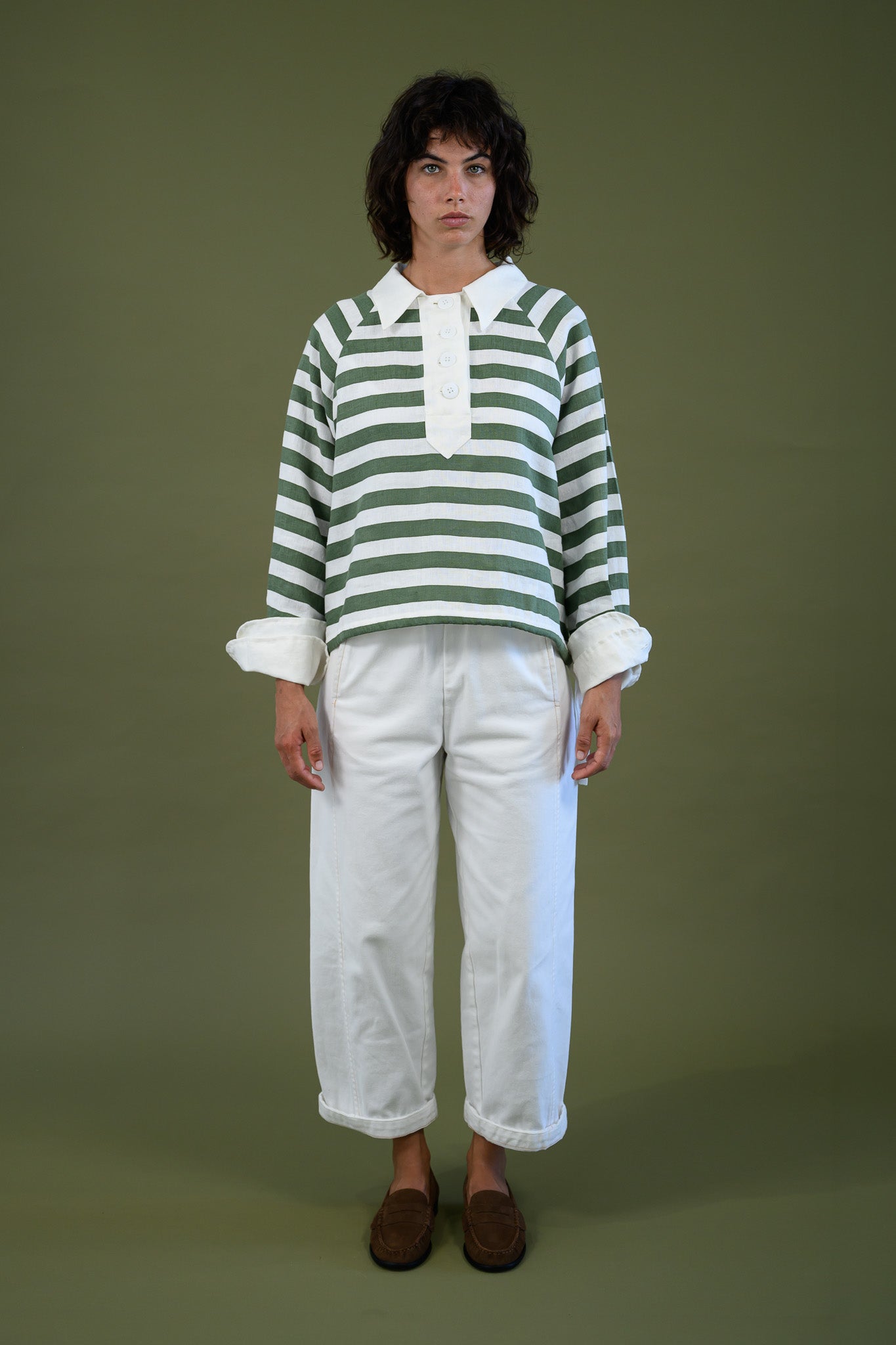 Harrington shirt meadow green stripe linen front full length relaxed fit women’s striped linen shirt
