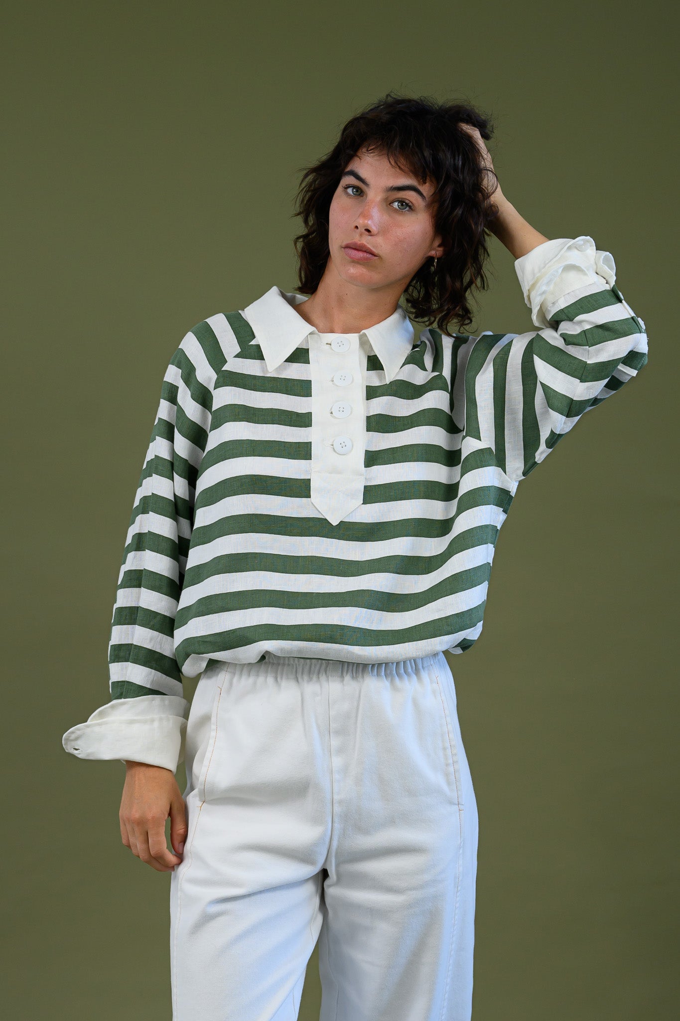 Harrington shirt meadow green stripe linen relaxed fit front view styled with white pants