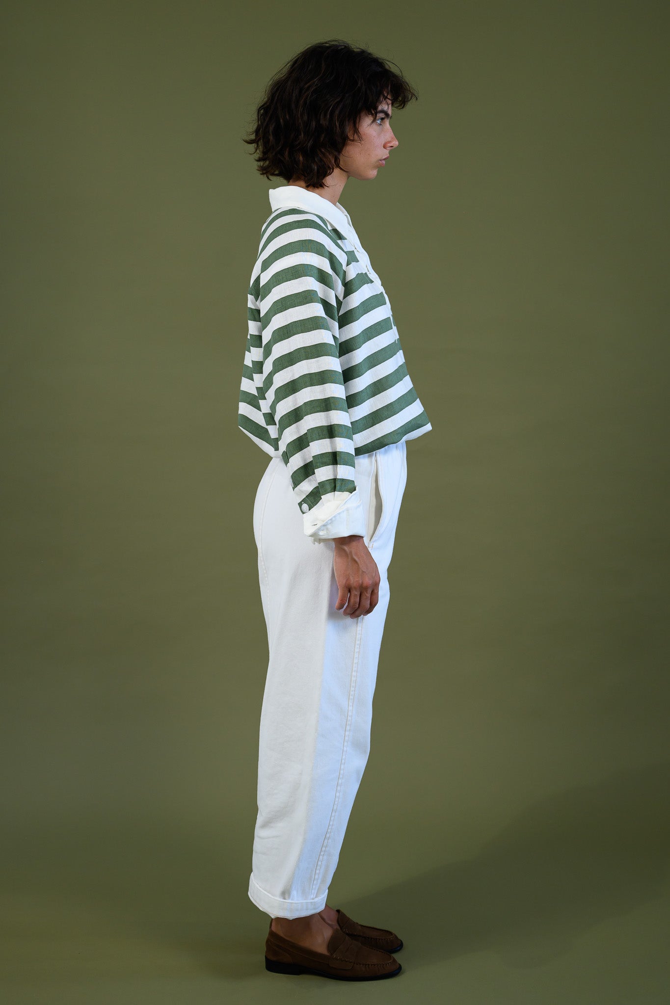 Harrington shirt meadow green stripe linen side view full length showing cropped silhouette and relaxed fit