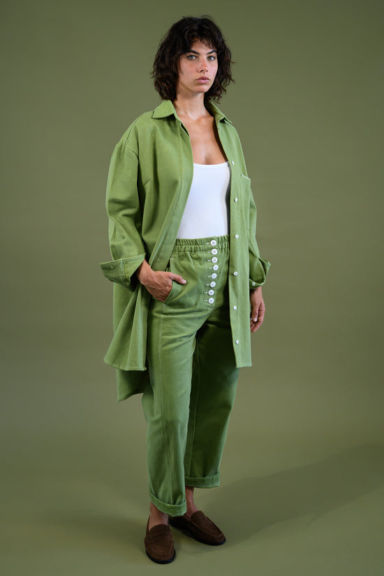 The Boy & I Sashiko Jacket in field green canvas denim, relaxed fit angled view