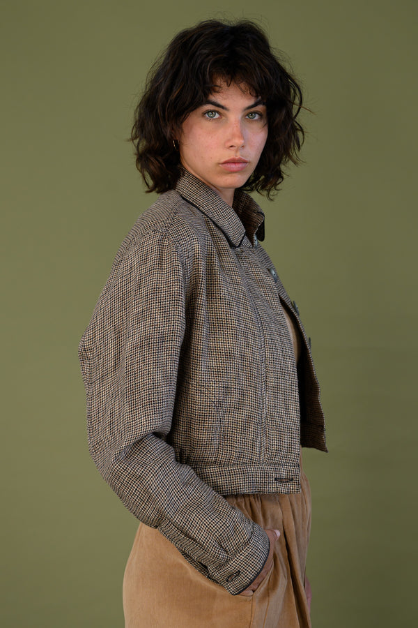 Cropped heritage check jacket with structured fit and tailored silhouette styled with corduroy pants