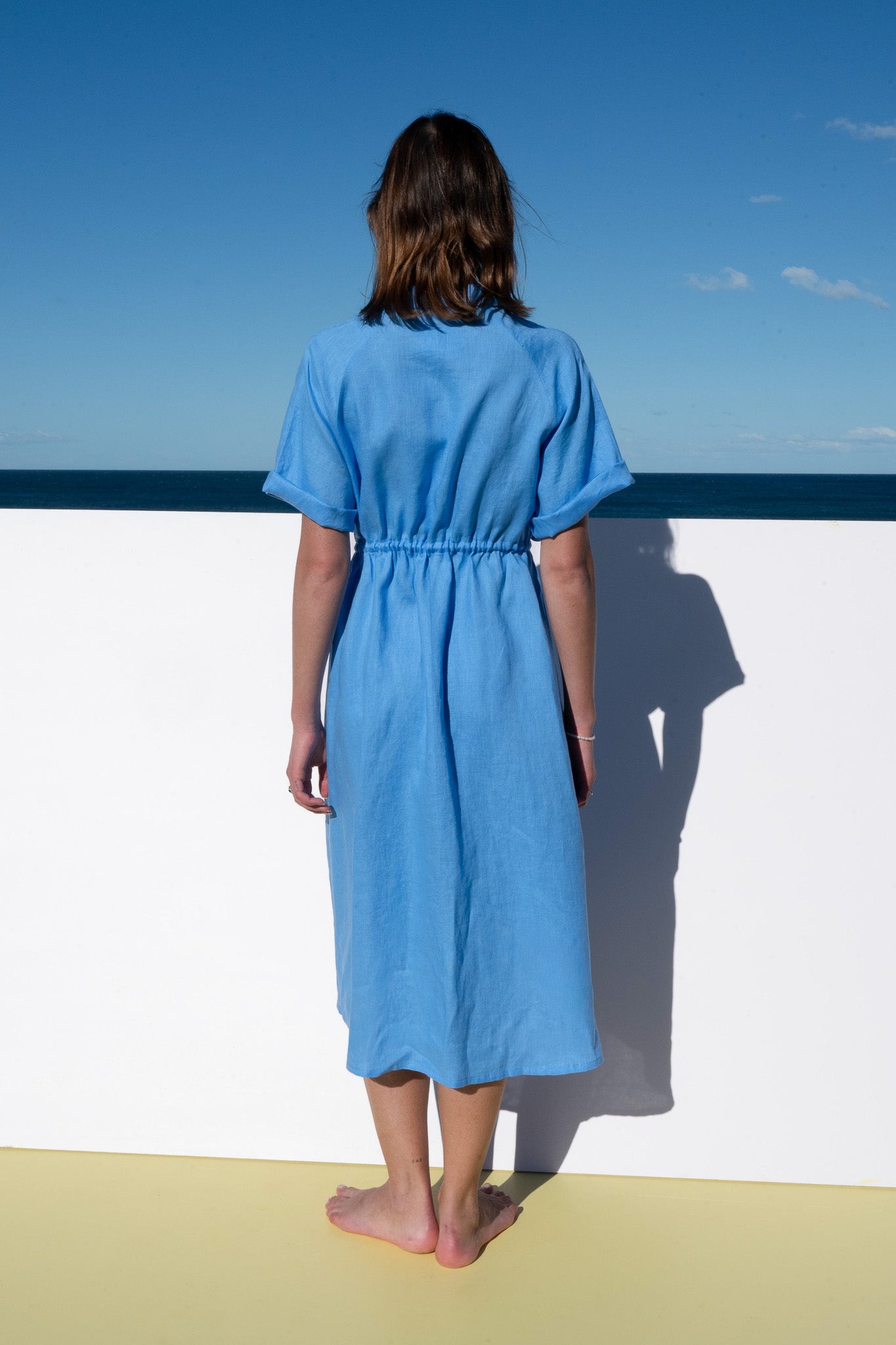 Full-length back view of The Boy and I Iconica Dress in blue with cinched waist and white zip.