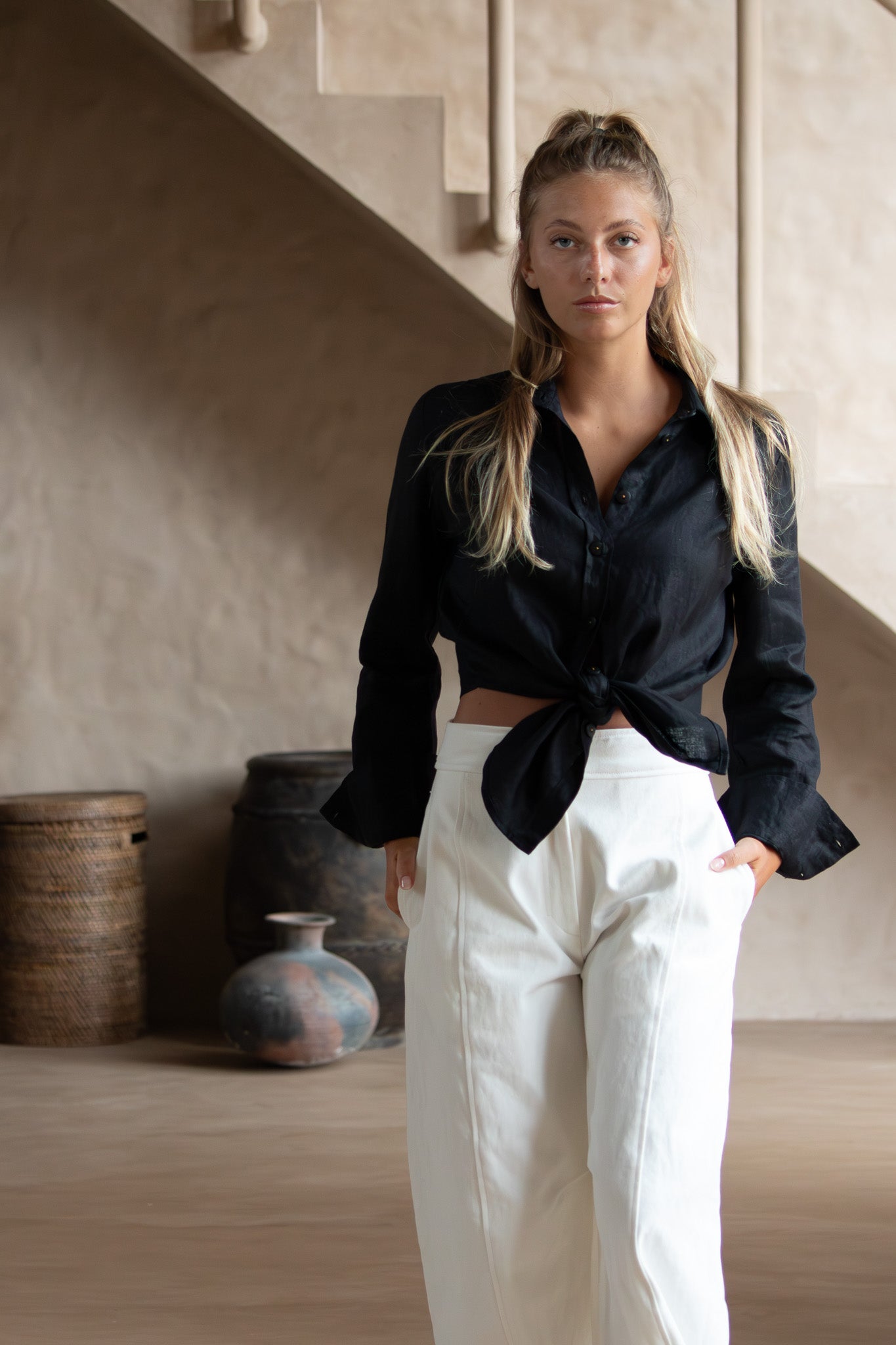 GiGi shirt in premium black linen with front tie styling – part of the Japandi collection by The Boy and I"
