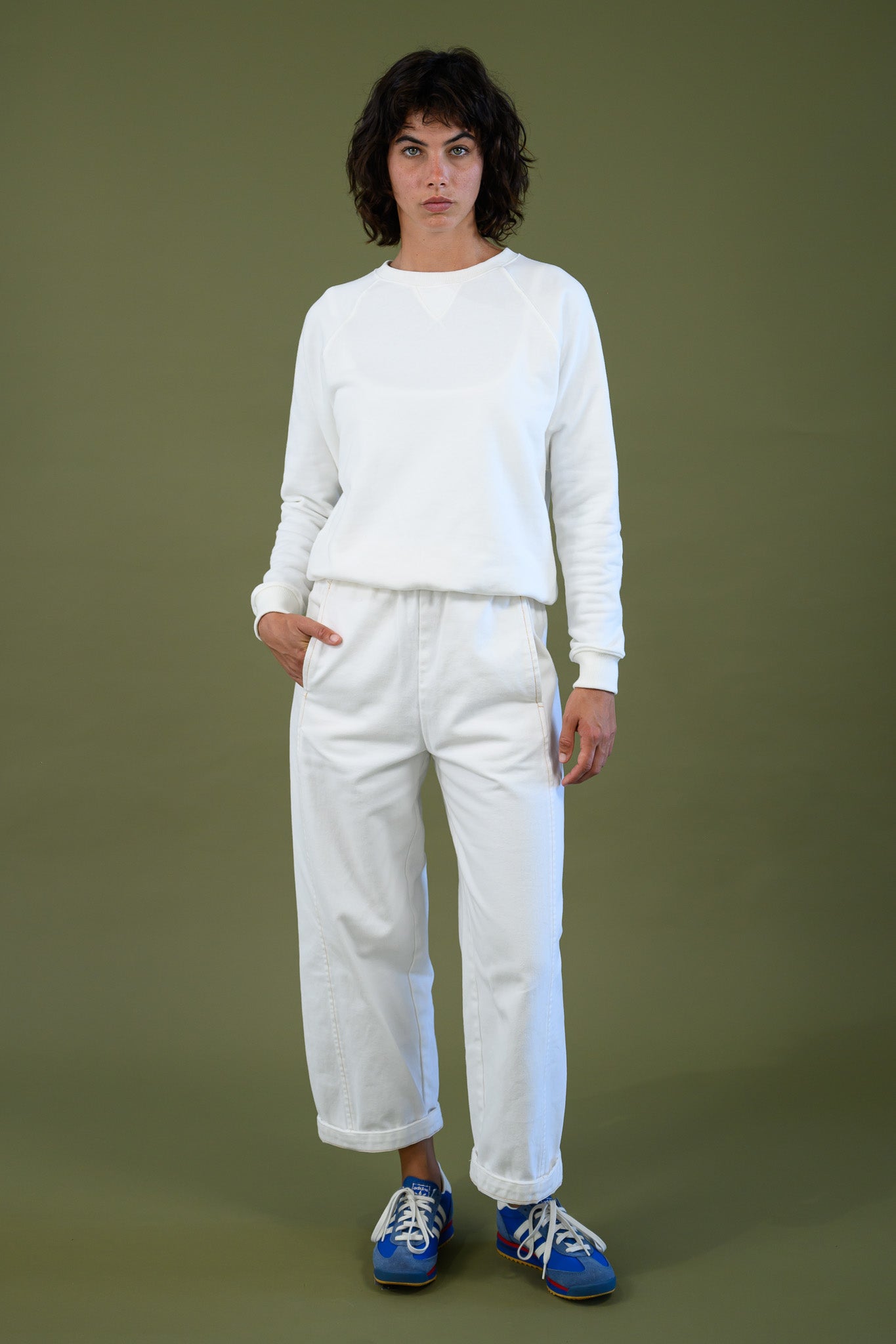 Blaze jogger in white organic cotton twill with a relaxed barrel leg fit shown front view clean styling