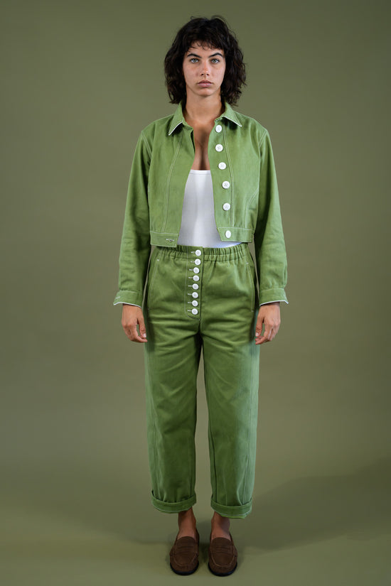 The Boy & I Mon Petit Jacket in field green with matching blaze button pant in cotton twill, relaxed fit set