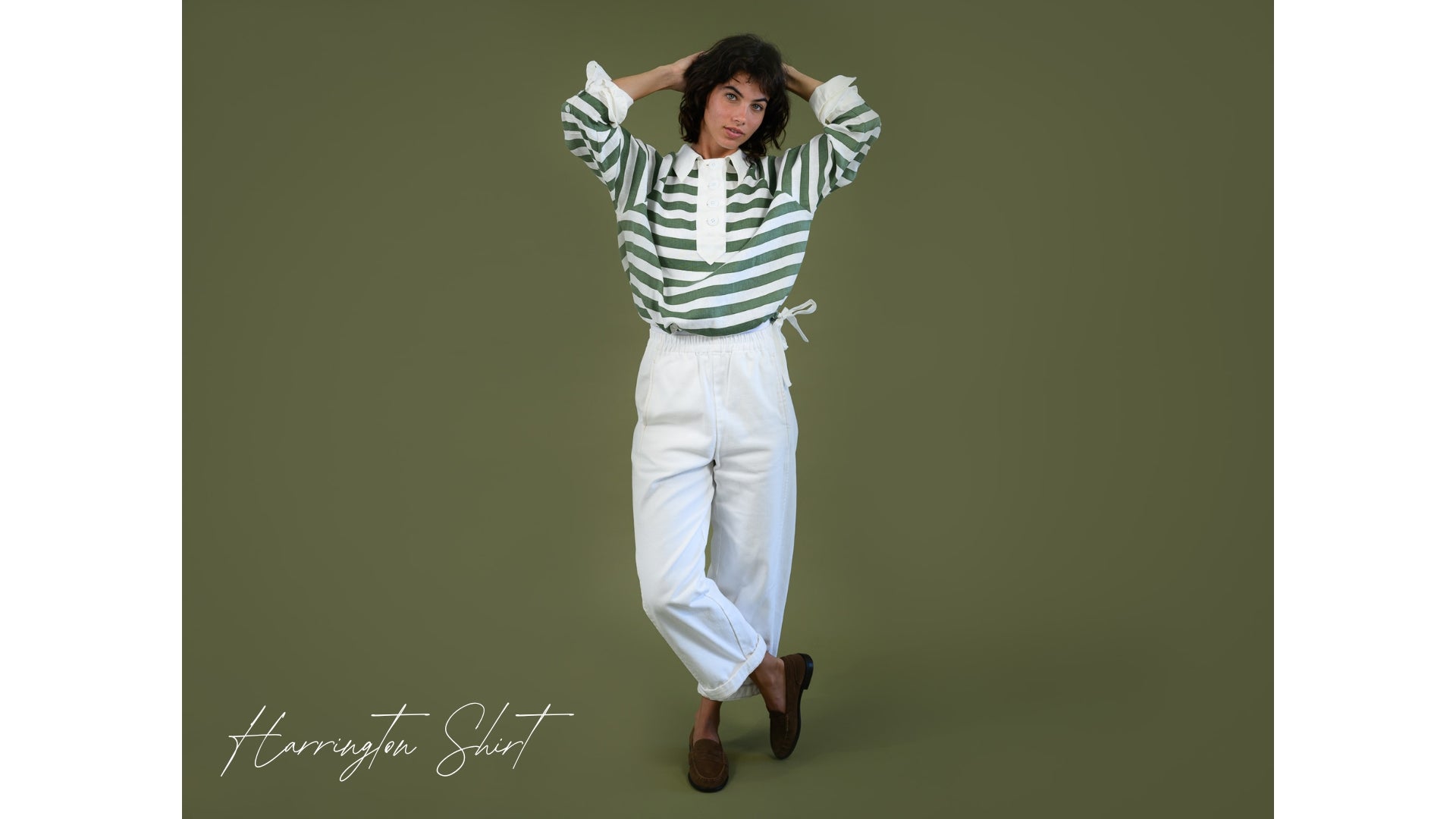 The Boy & I Harrington Rugby Shirt in green stripe linen styled with white pant