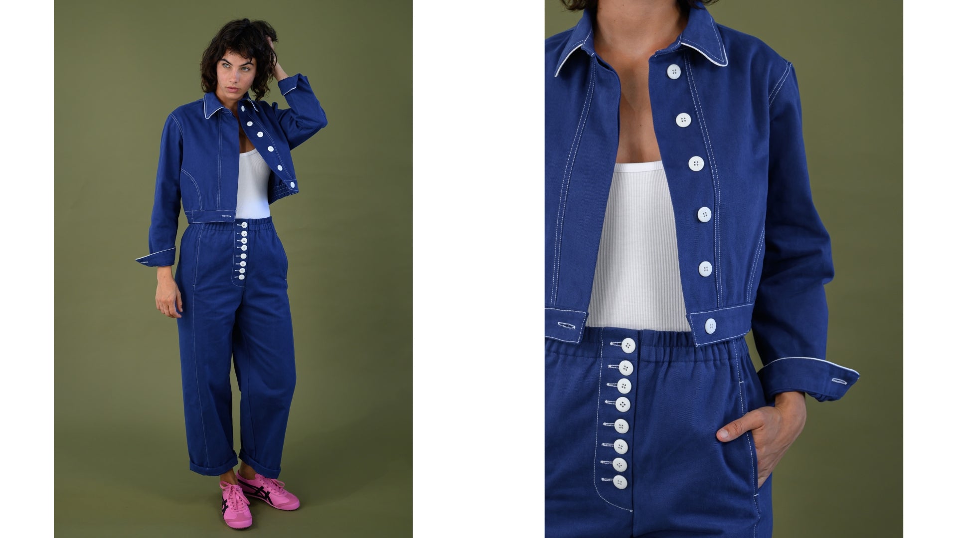 The Boy & I Mon Petit Jacket in blue styled with Blaze Button Pant featuring button front detail
