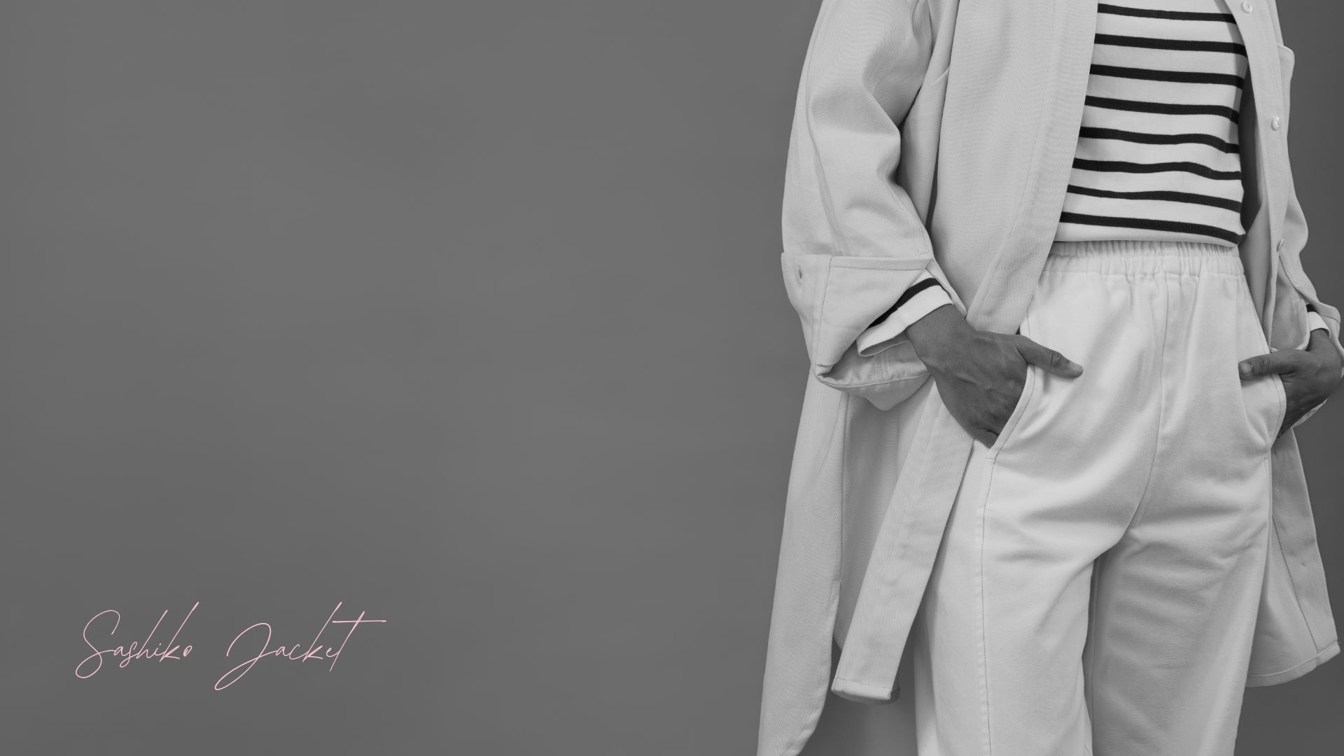 The Boy & I Sashiko Jacket styled with striped shirt and white pant in relaxed fit