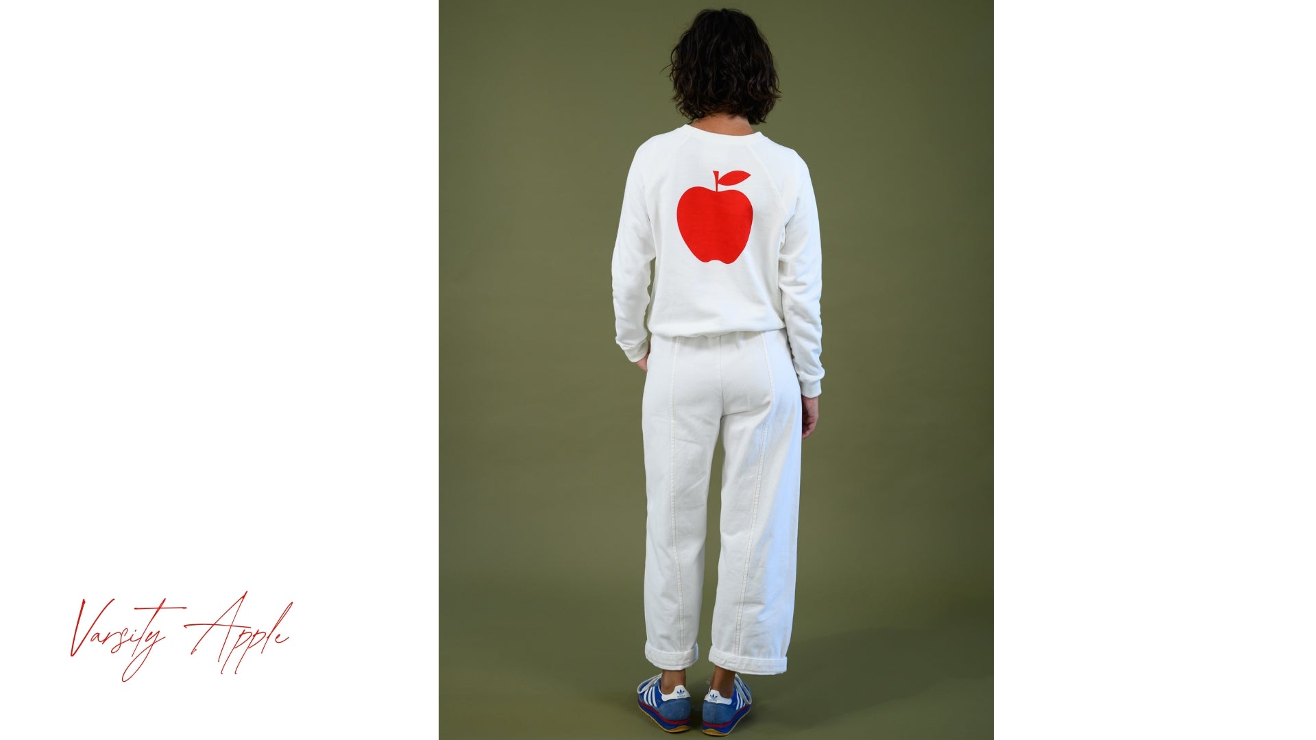 The Boy & I Varsity Apple Sweater in white with red apple graphic, back view