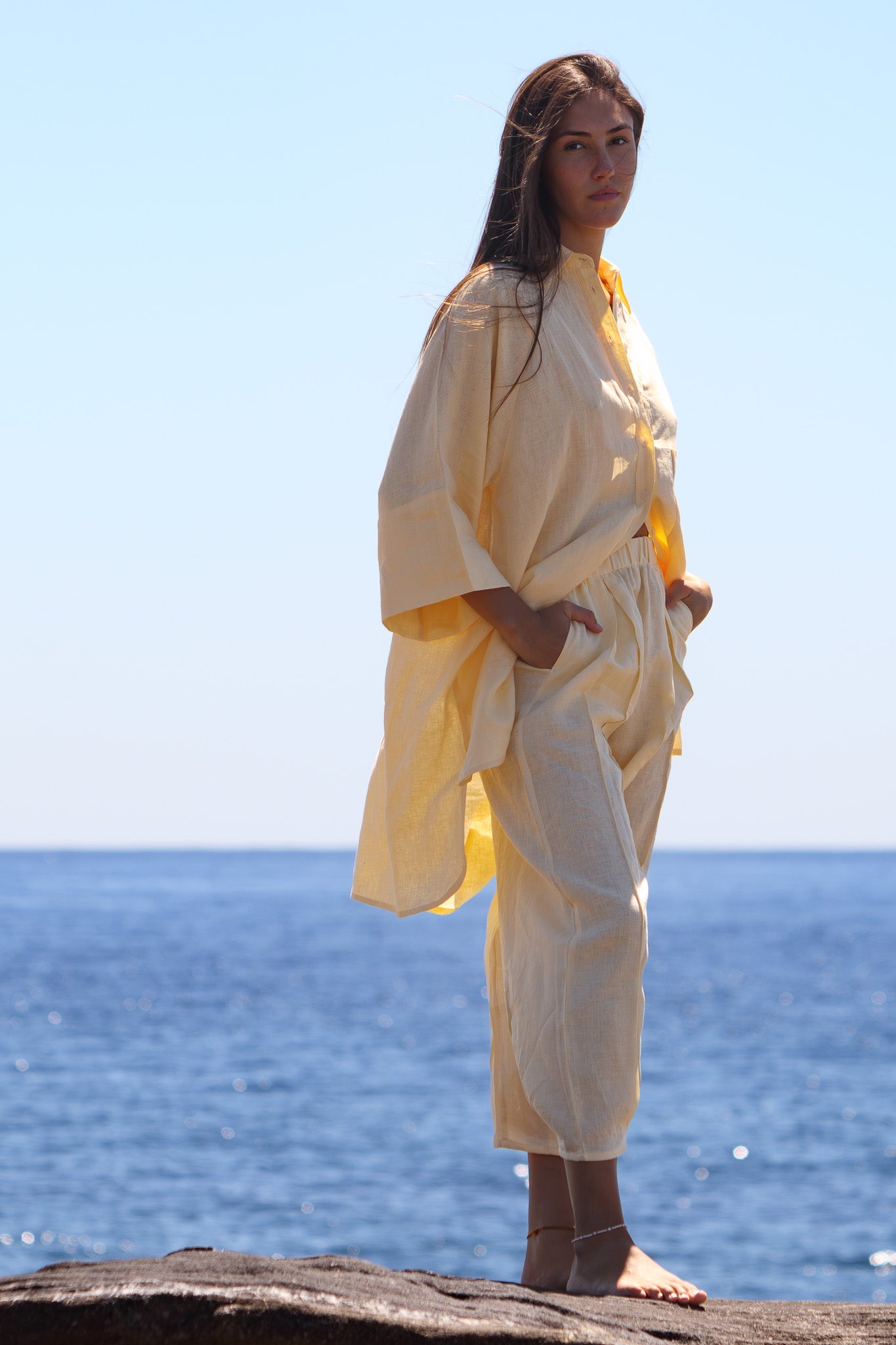 Oceanic Shirt Dress in butter yellow styled with the matching Salt Pant, a relaxed linen summer set.