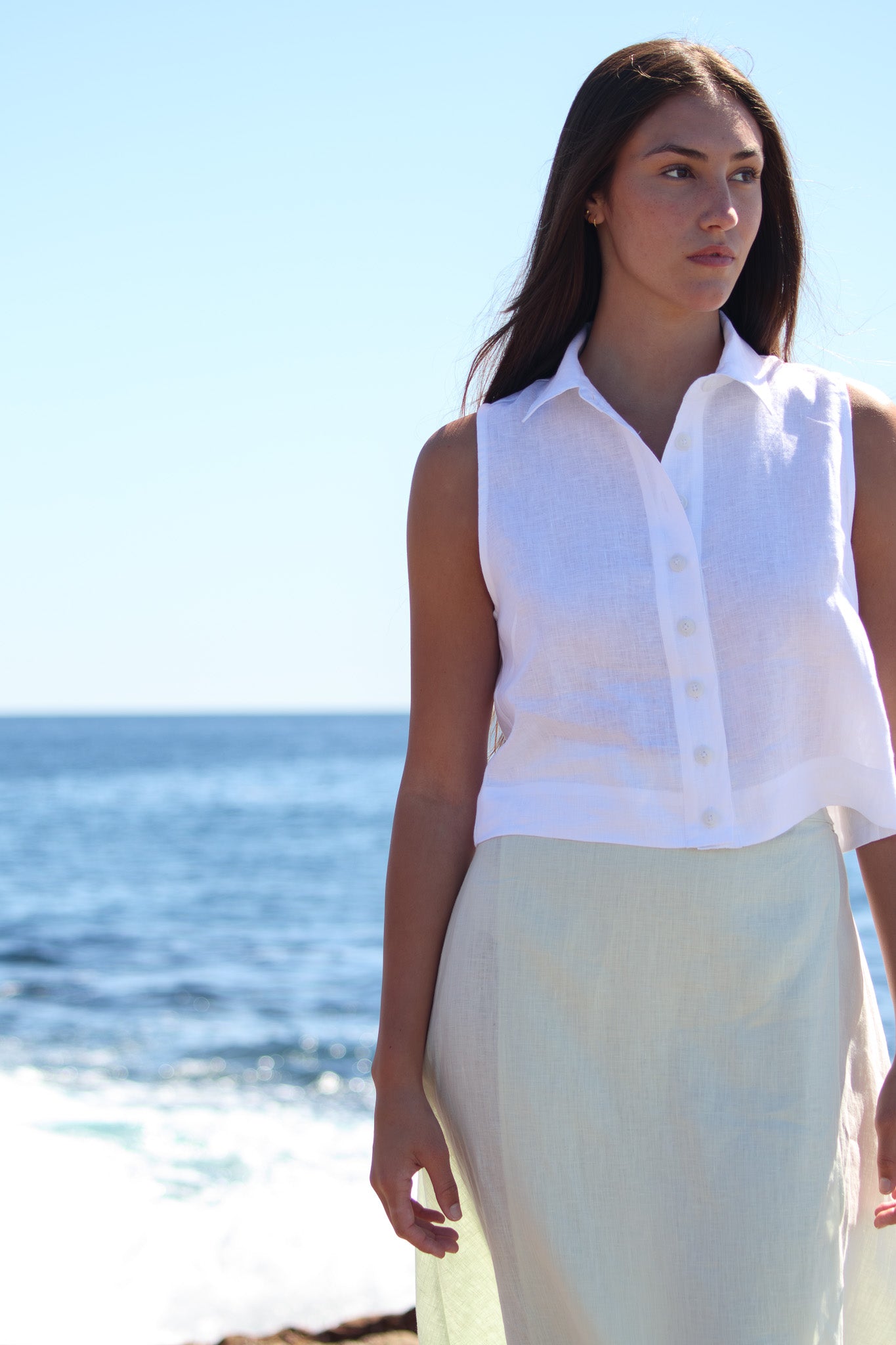 Front detail of the Wrap Around Me Skirt in sun washed mint linen, showing the smooth high waist and soft texture.